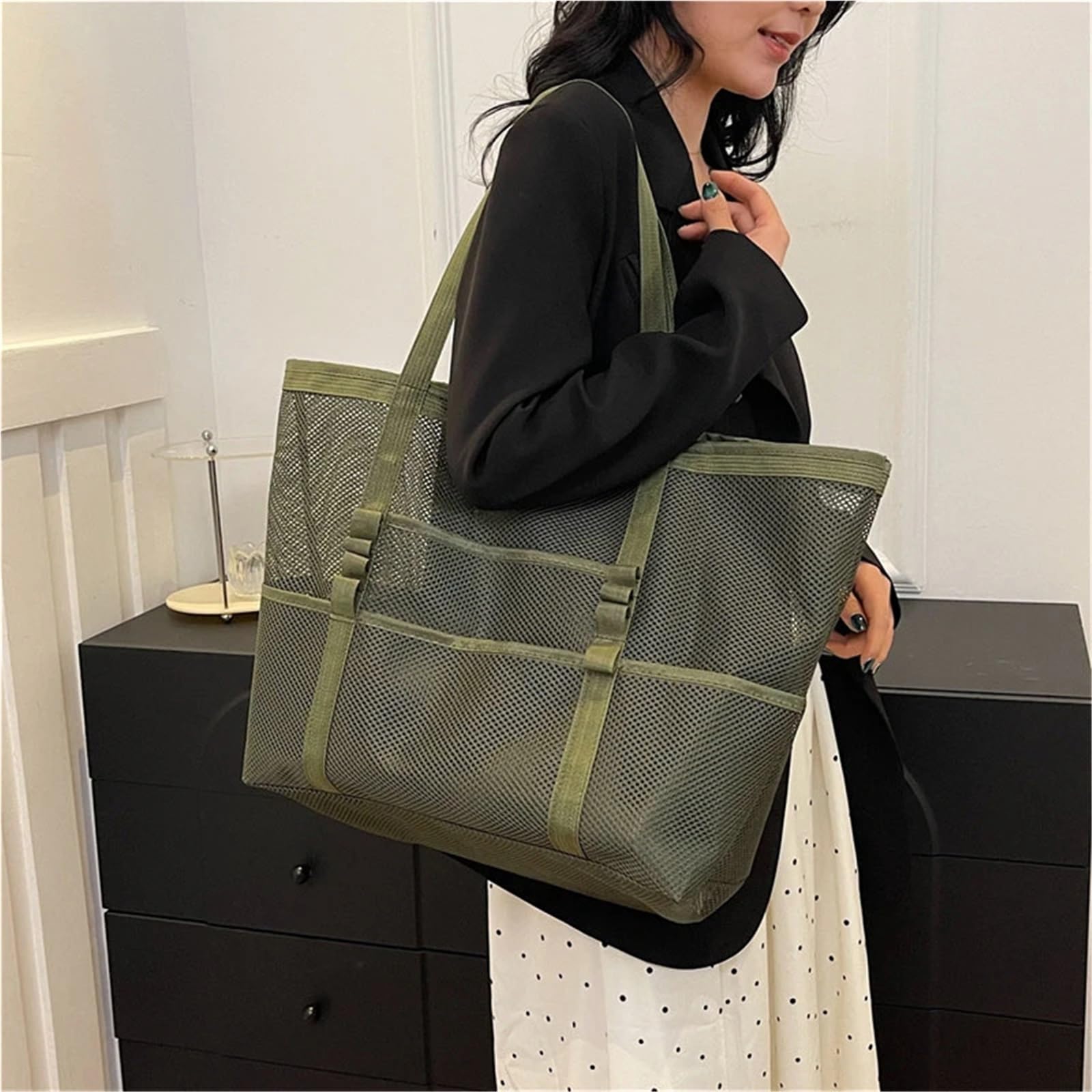 Bolsa De Playa Portable Mesh Beach Bag For Women Makeup Travel Storage Wash Bag Summer Travel Swimming Bath Bag Organizer Shopper Totes para Viajes A La Playa(Green)