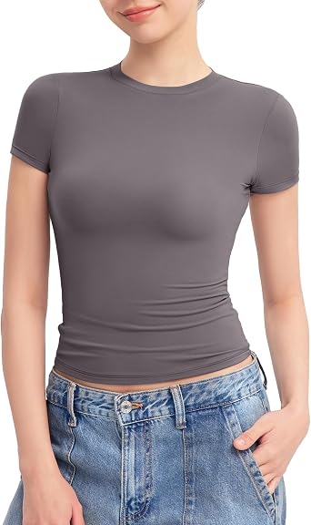 PUMIEY Women's Crew Neck Short Sleeve Tops Double Lined Slim Fit T Shirts Basic Tee Smoke Cloud Pro Collection