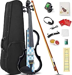 VEDO Violino Elétrico, Conjunto de Violino Elétrico Silencioso 4/4, Violino de Madeira Maciça e Metal, com Acessórios em Ébano, Kit para Iniciantes Adultos e Adolescentes (Xadrez Azul e Branco)
