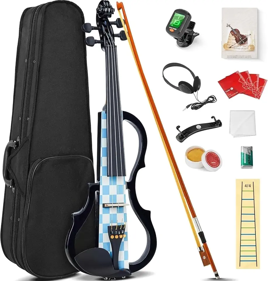 VEDO Violino Elétrico, Conjunto de Violino Elétrico Silencioso 4/4, Violino de Madeira Maciça e Metal, com Acessórios em Ébano, Kit para Iniciantes Adultos e Adolescentes (Xadrez Azul e Branco)