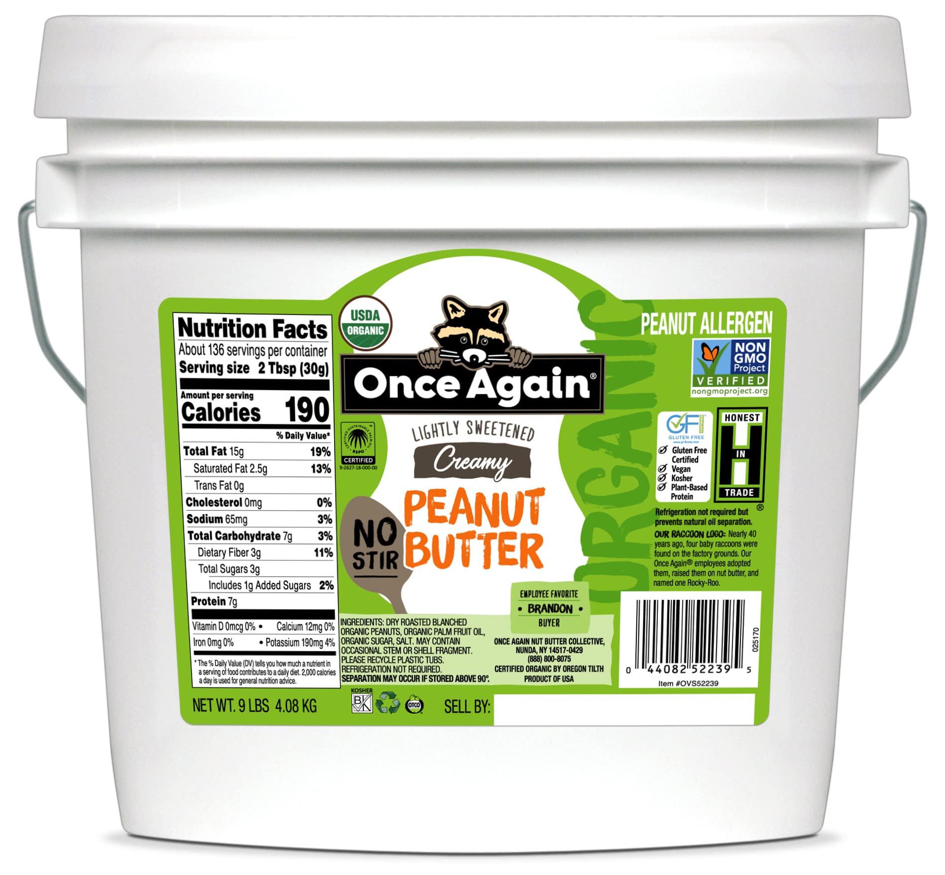 Once Again Organic Creamy Peanut Butter, 9lb Bucket (same as 9 jars) - No Stir - Lightly Sweetened & Salted - USDA Organic, Gluten