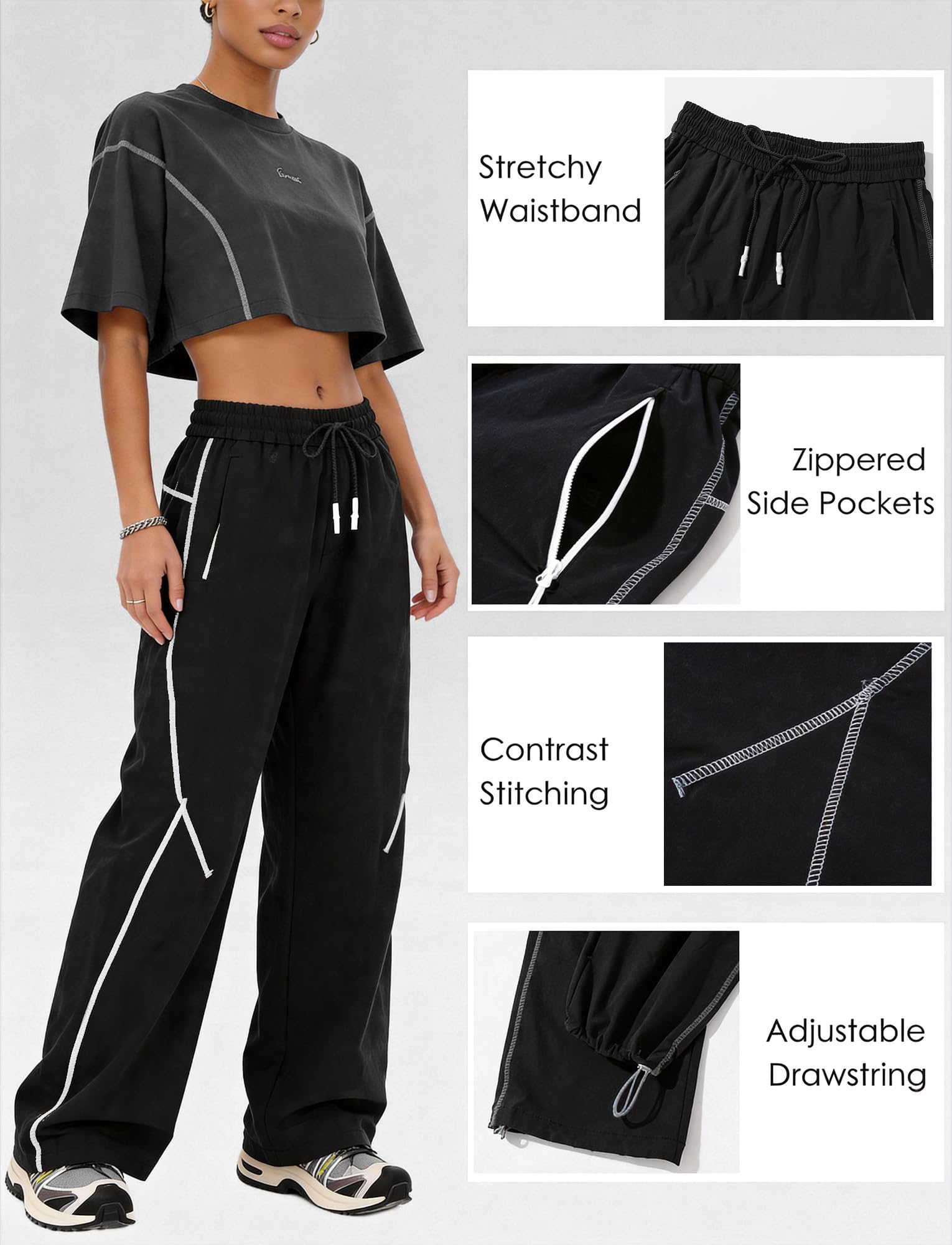 FEOYA Damskie spodnie spadochronowe workowate Y2K kontrastowe lamówki szerokie nogawki bojówki elastyczne wysoki stan sznurek streetwear joggery z kieszeniami