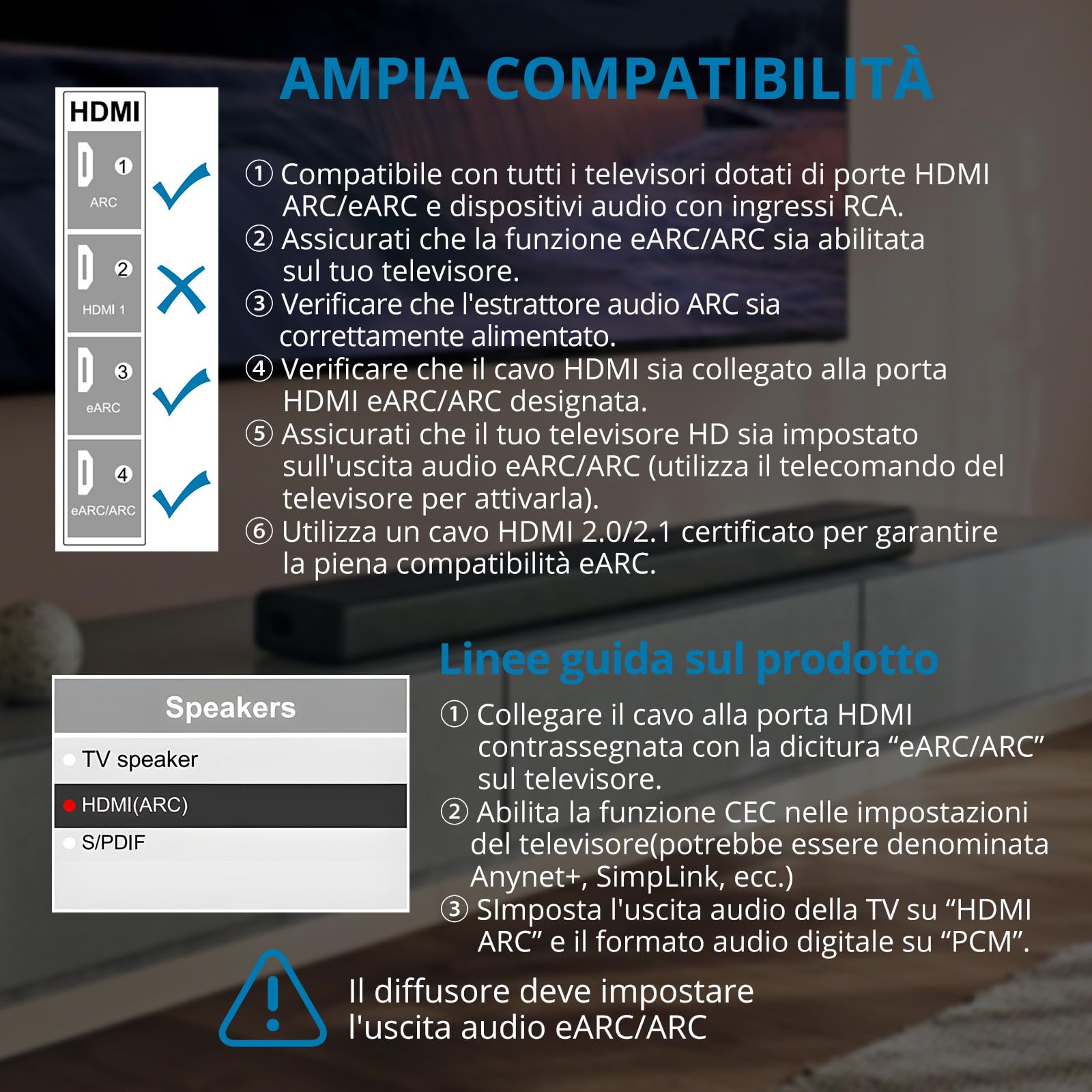 AUTOUTLET Convertitore Audio HDMI eARC/ARC a RCA 192KHz/24bit Supporta CEC PCM 2.0 Cavo 150 cm