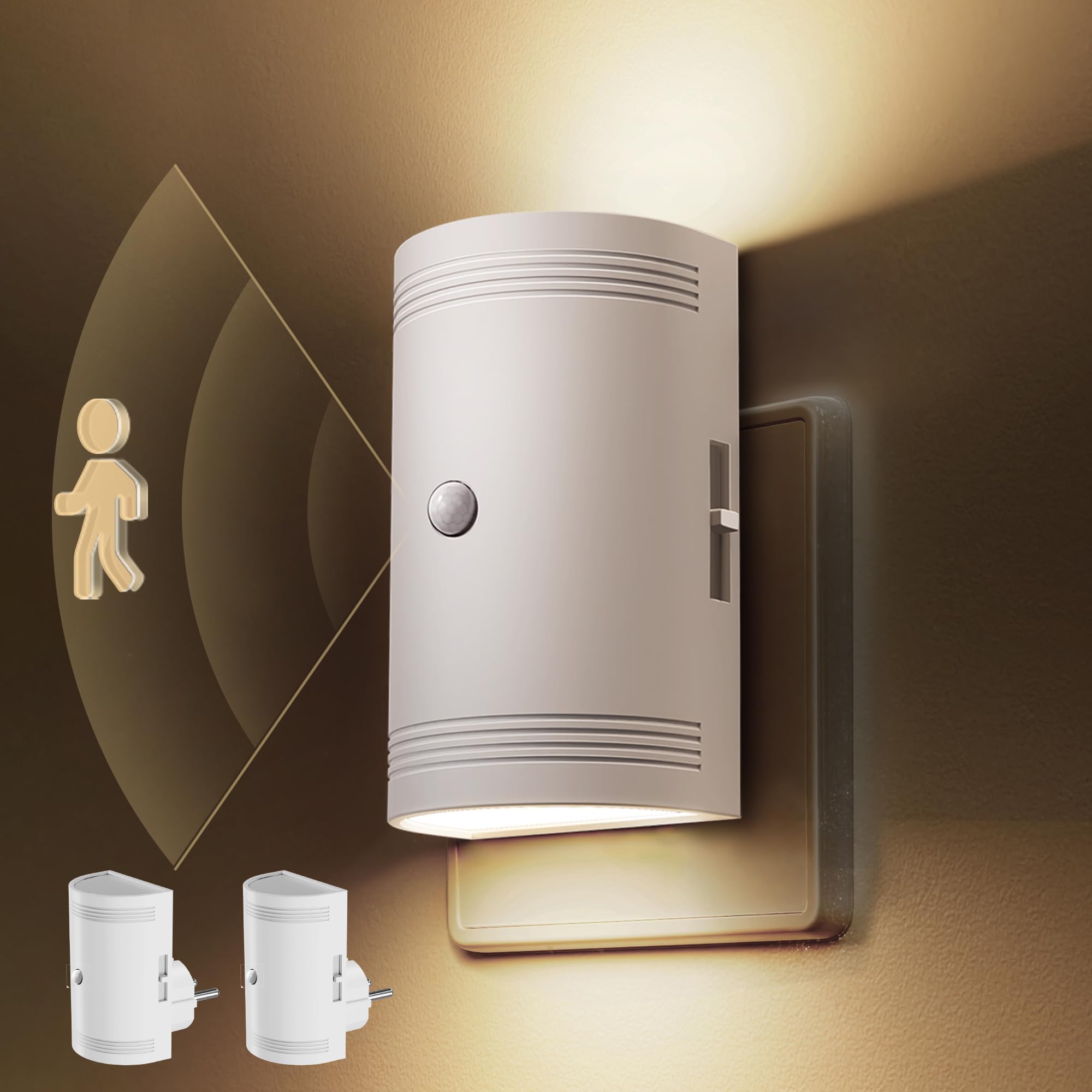 LOHAS-LED Nachtlicht Steckdose, 2 Stück Steckdosenlicht mit Bewegungsmelder, 3000K Warmweiß, 0-100lm Helligkeit Einstellbar, Nachtlicht Dimmbar für Kinderzimmer, Treppen, Gang, Küche