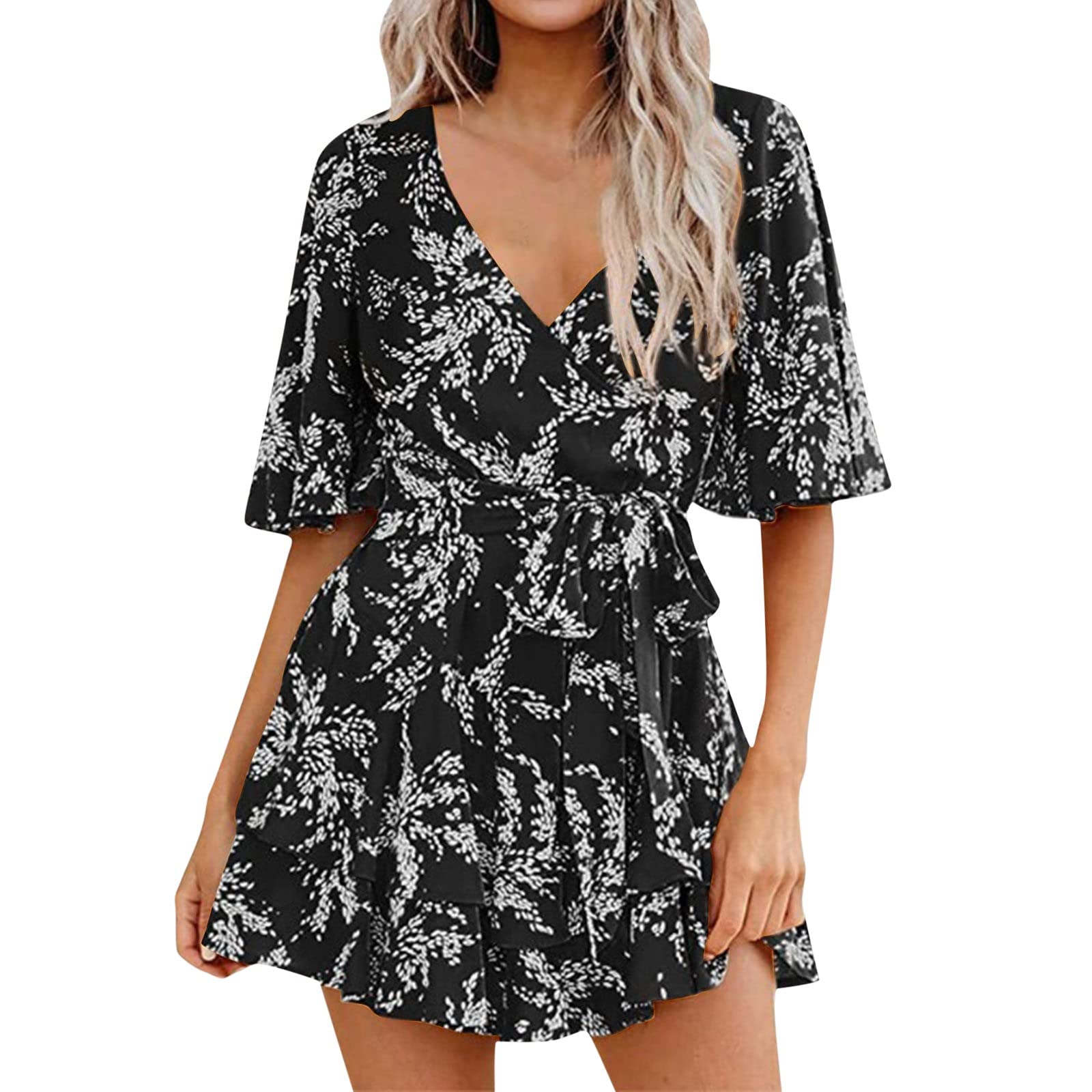 Eté Col V Plage Femmes Combinaison Short Taille Elastique Combinaison De Robe Plissée À Volants avec Et Manches Cloche pour Femme Blouse Jetable Ete Jumpsuit Col V Manche Courte Taille Haute Casual