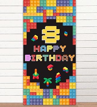 Colorful Building Blocks Happy 8th Birthday Banner Backdrop Background Construction Toys Bricks Blocks Theme Decor for Boy 8th Birthday Party Favors Supplies Decorations