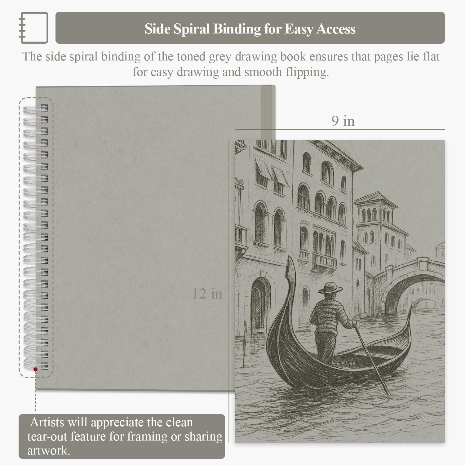 Sufly Carnet de notes d'art en papier gris de 22,9 x 30,5 cm, 60 feuilles lourdes, sans acide, livre de dessin à spirale pour études tonales et composition