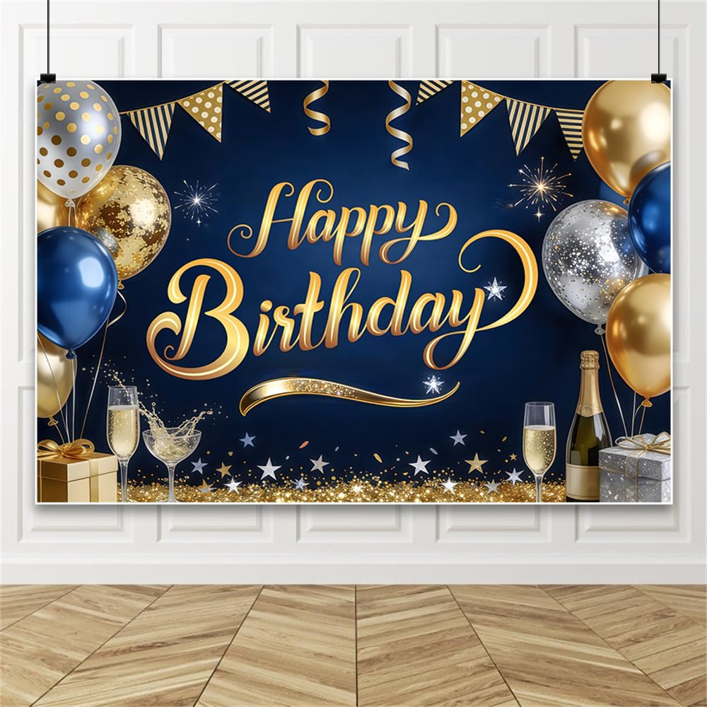 3.6x2.5m Blau-Silber-Gold Luftballon Geburtstags-Party-Hintergrund großer Geburtstagsstern-Glitzerbanner Luftballons Geburtstags-Party-Hintergrund für Kinder Erwachsene Dekoration