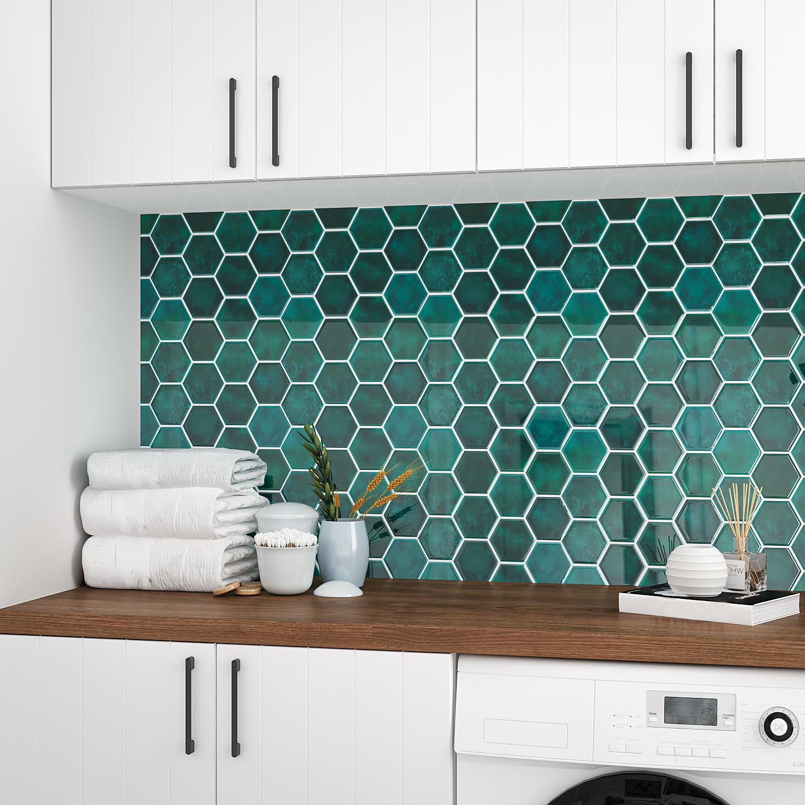 VEELIKE Piastrelle Adesive Blu Scuro Esagono Mattonelle Adesive Cucina Adesivi per Piastrelle Bagno Impermeabile 3d Piastrelle Cucina Paraschizzi Adesivo Muro Rivestimento Parete 30.5cmx30.5cm 6 Pezzi