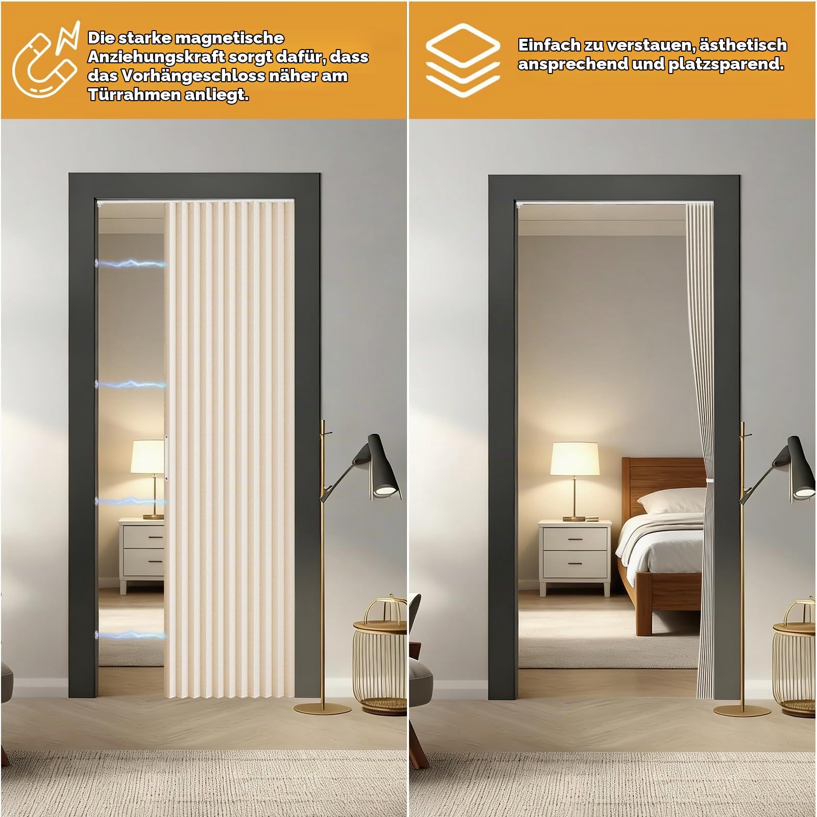 100% Blickdichter Türvorhang, Magnetischer Türvorhang mit Verdunkelung, Klebemontage ohne Bohren, inkl. Klebeschiene, Faltbarer, für Schlafzimmer, Wohnzimmer, Kleiderschrank, 120x200cm (Beige)