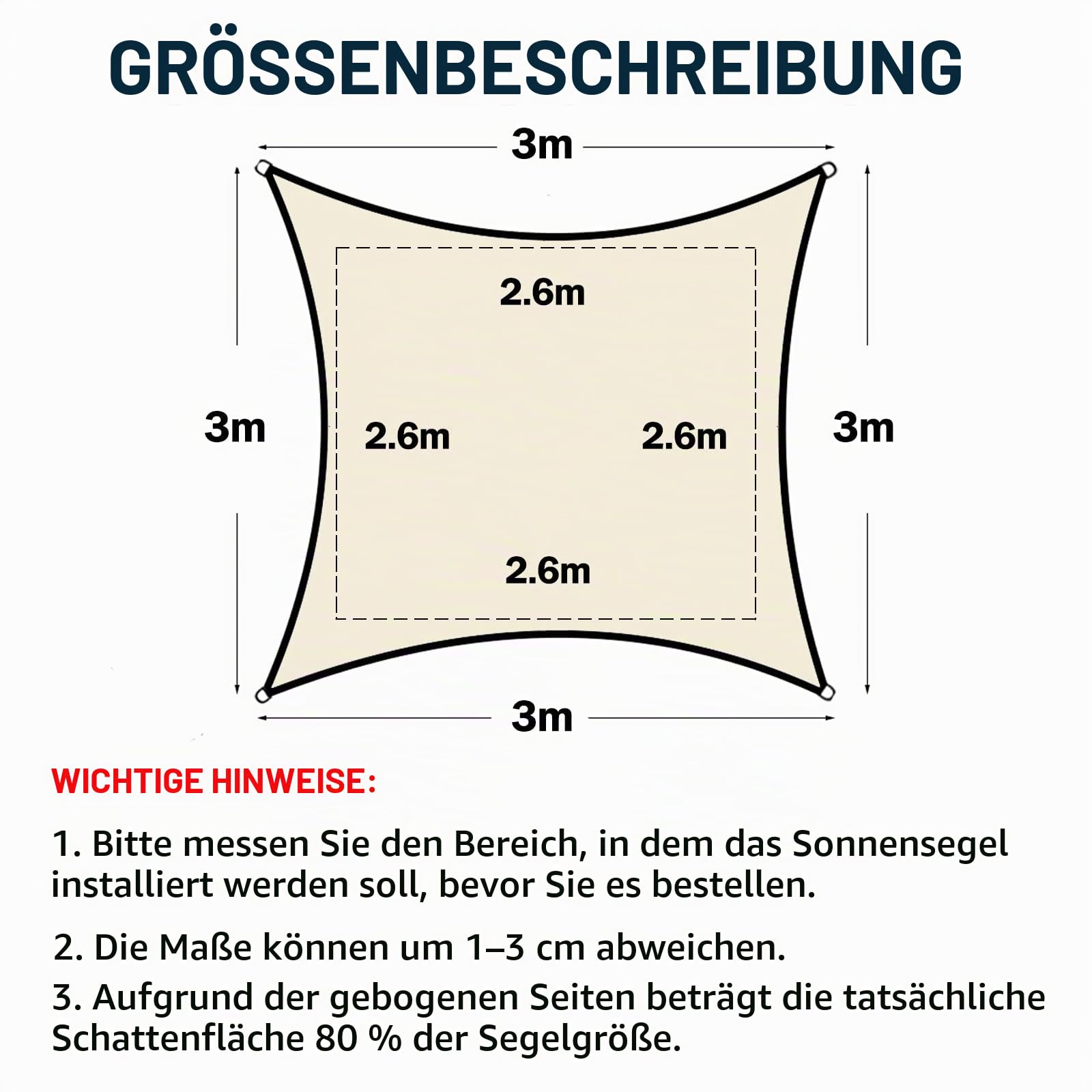 Sonnensegel Sonnenschutz inkl Befestigungsseile PES Polyester Wasserdicht 3 x 3m Quadrat Sonnensegel mit 98% UV Schutz für Draußen, Patio, Garten Terrasse Camping, Creme