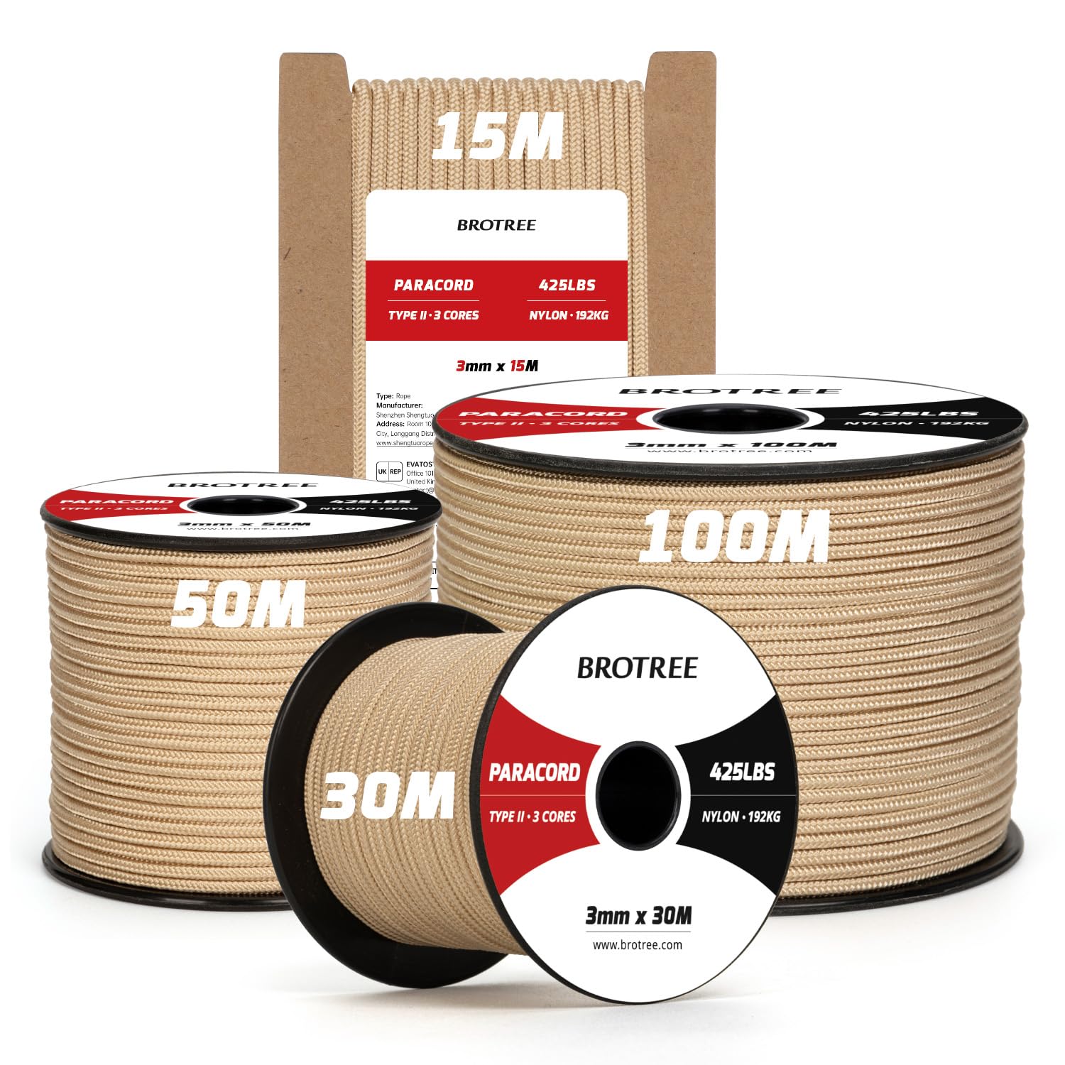 Brotree 3mm Paracord 425 100% Nylon 15M Rope 3 Strands Type II Parachute Cord for Outdoor, Craft, DIY - 192kg Breaking Load (Khaki)