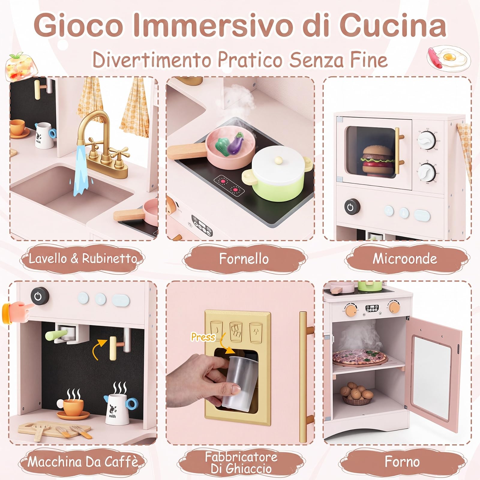 COSTWAY Set da Cucina per Bambini, in Legno, per Bambini 3+ Anni (Rosa)