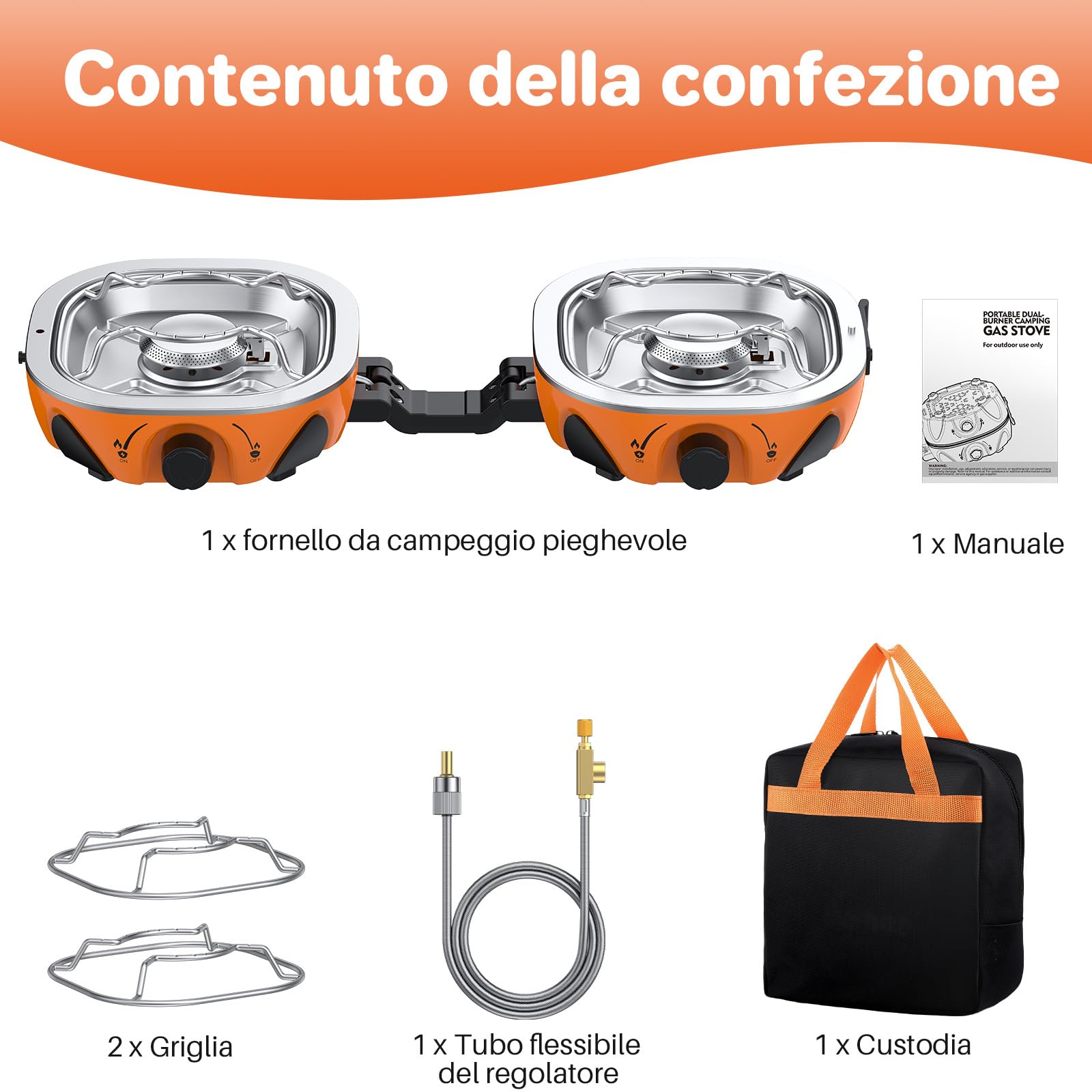 FUNYKICH Fornello da Campeggio a 2 Fuochi Pieghevole,2× 3Kw,Fornello da Campeggio,Fornello a Gas Portatile per Campeggio,Accensione Piezoelettrica,per Grill all’Aperto,con Borsa di Trasporto