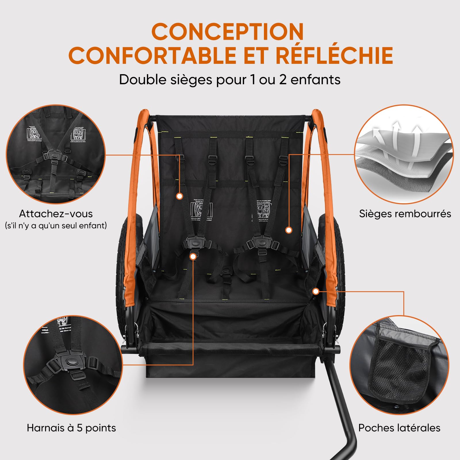 SEPNINE Remorque vélo Enfant, Remorque Enfant,Biplace Enfants Tout-Terrain Pliable avec Frein à Main Orange