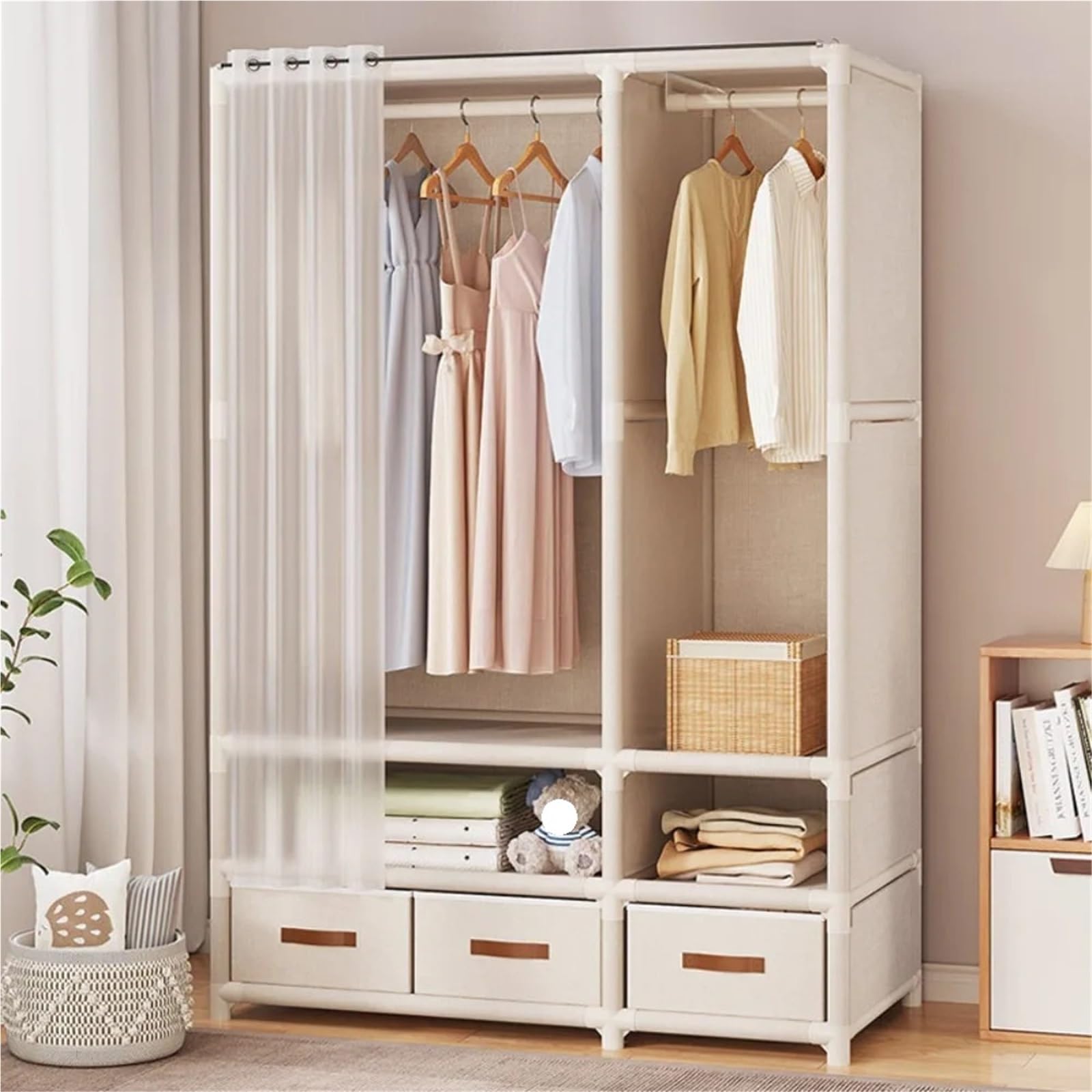 Leinwand-Kleiderschrank Haushalt Schlafzimmer Kleiderschrank Tragbare Montage Lagerung Schrank Große Kapazität Leinwand Einfache(Single with Drawers)