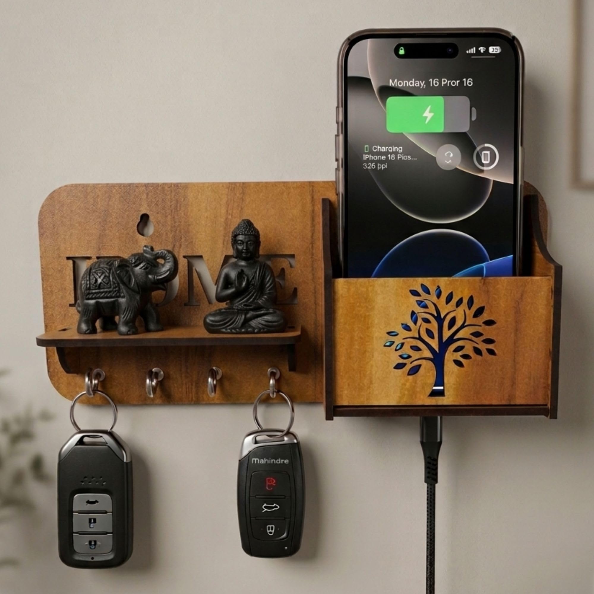 Key Holder Wall Mount Wooden with Mobile Stand – Stylish Key Holder for Home Decor – Wall Mounted Key Stand with Hooks (KH-145-BS)-image-42