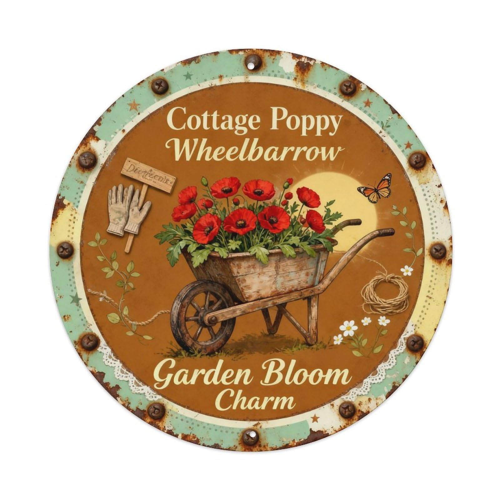 Cottage Poppy Wheelbarrow Metal Tin Sign Plaque