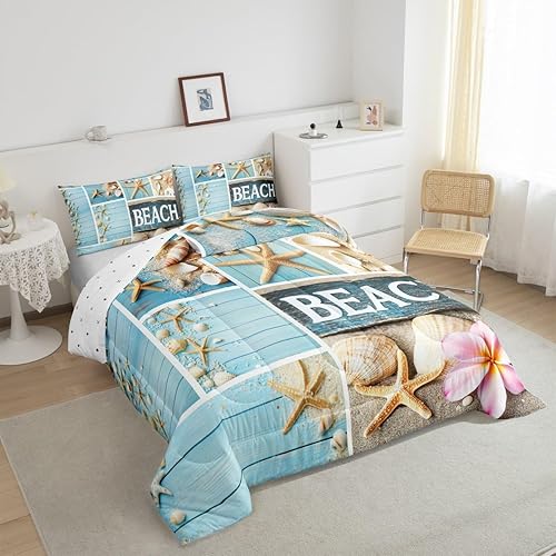 Miniatura 4 de Erosebridal Edredón de playa Hawaii, juego de ropa de cama y colecciones de conchas marinas con estrellas de mar, flores de cerezo rosa, edredón de