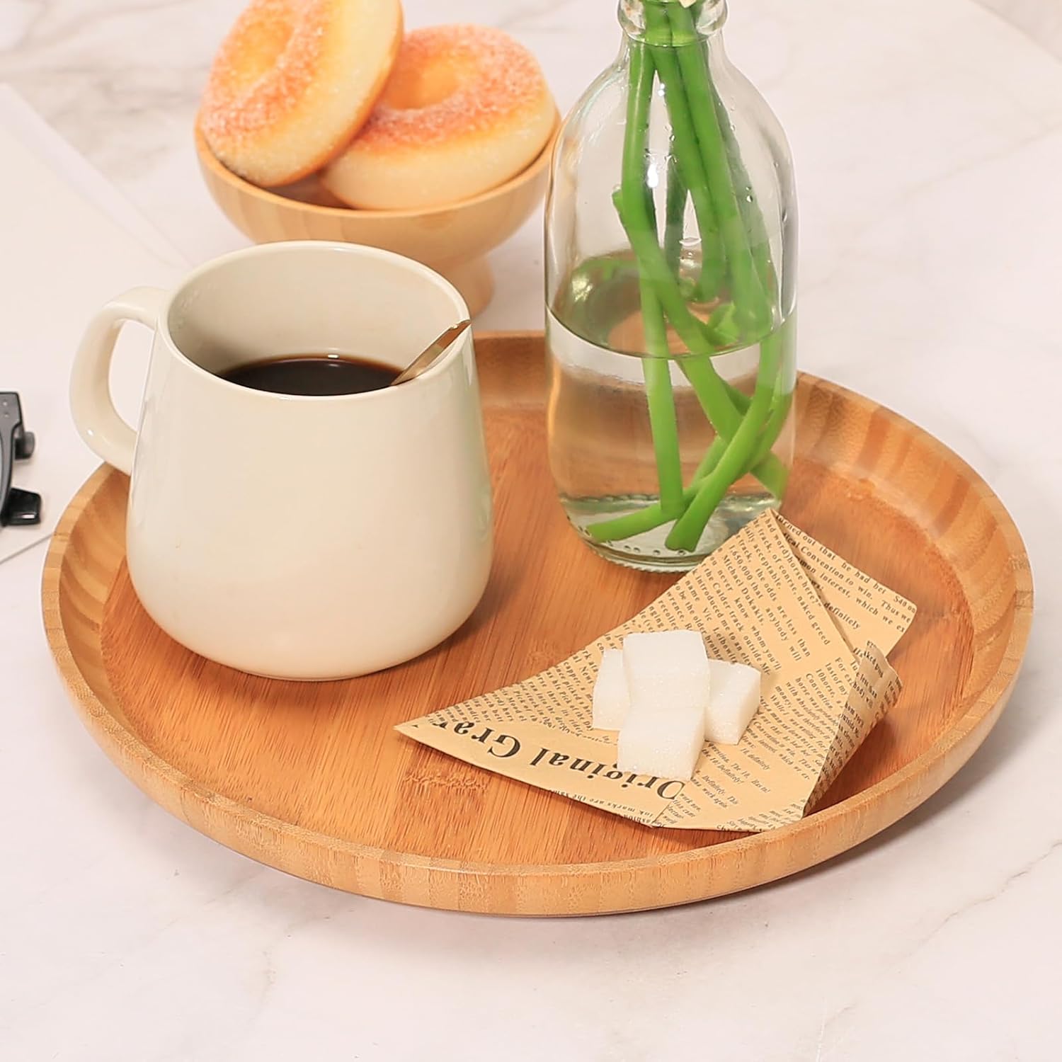 Bamboo Wooden Dinner Plates Set of 2, 10 inch Decorative Serving Tray for Coffee Table and Home Decor, Round Serving Platters and Trays for Pasta/Fruit/Charcuterie, Reusable Charger Plates