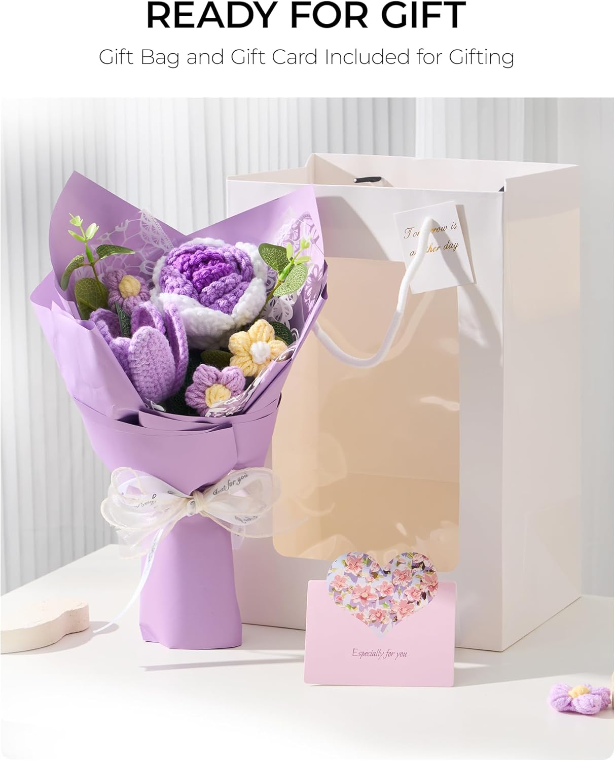 Crochet Flowers Bouquet Valentine's Day Gift for Wife Girlfriend Mother Women, Handmade Artificial Knit Purple Rose Tulip Flower for Wedding Anniversary Birthday Valentine Present, Home Decor - Image 4