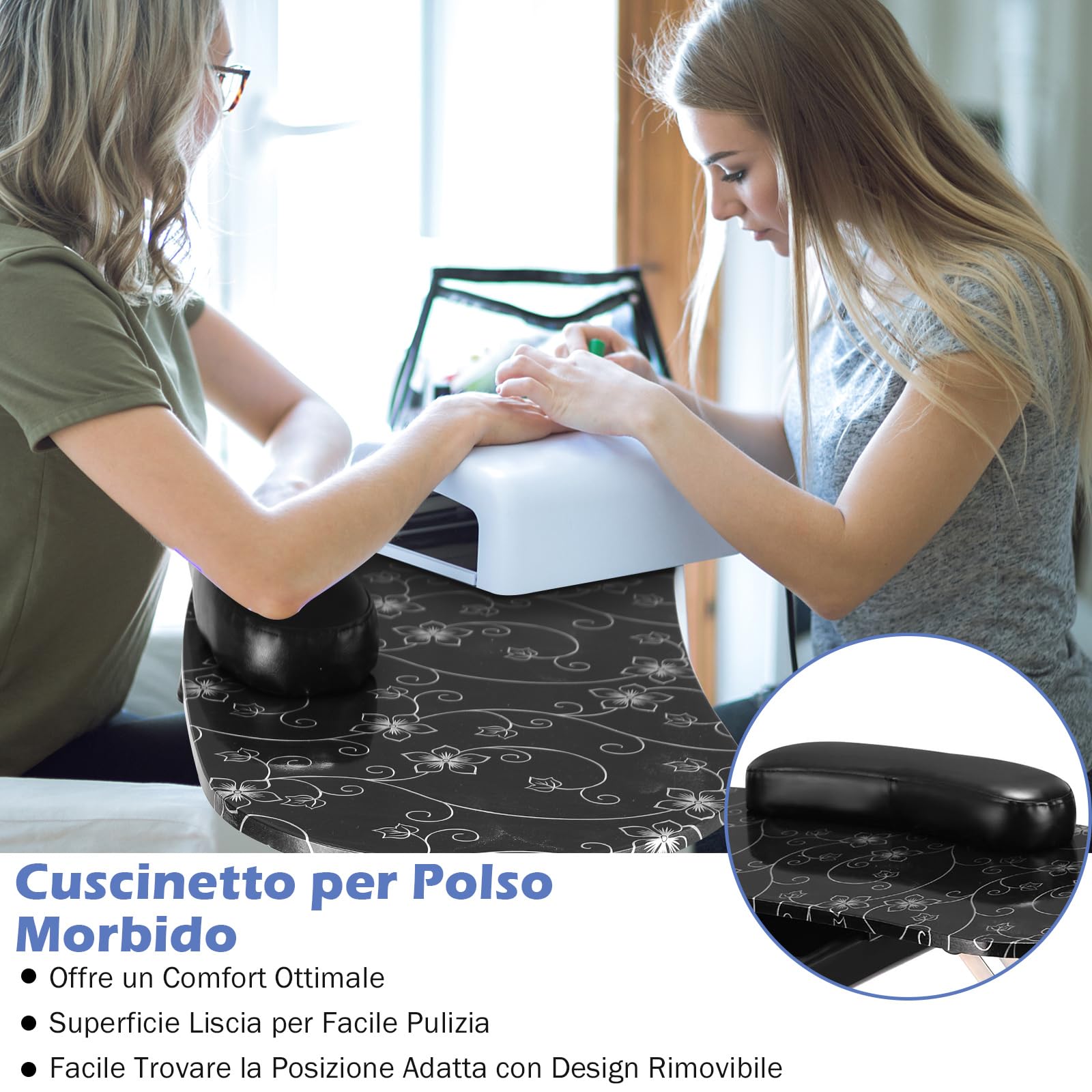 COSTWAY Tavolo per Manicure, Tavolo per Unghie Pieghevole per Estetista con Ruote, Cassetto e Cuscino Poggiapolsi (Nero)