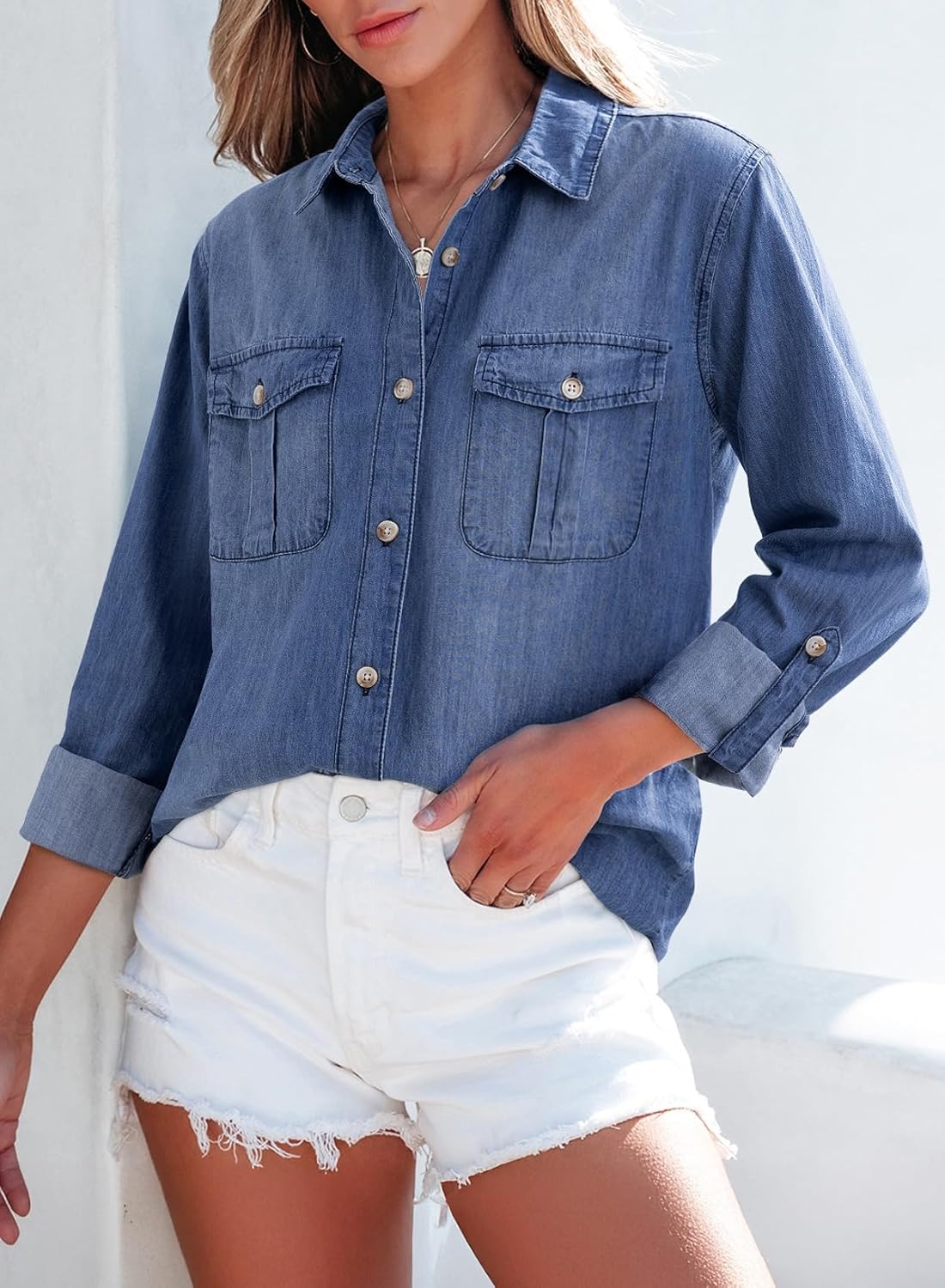 Sidefeel Women's Denim Top Long Sleeve Jean Shirt Button Down Denim Shirt - Image 4