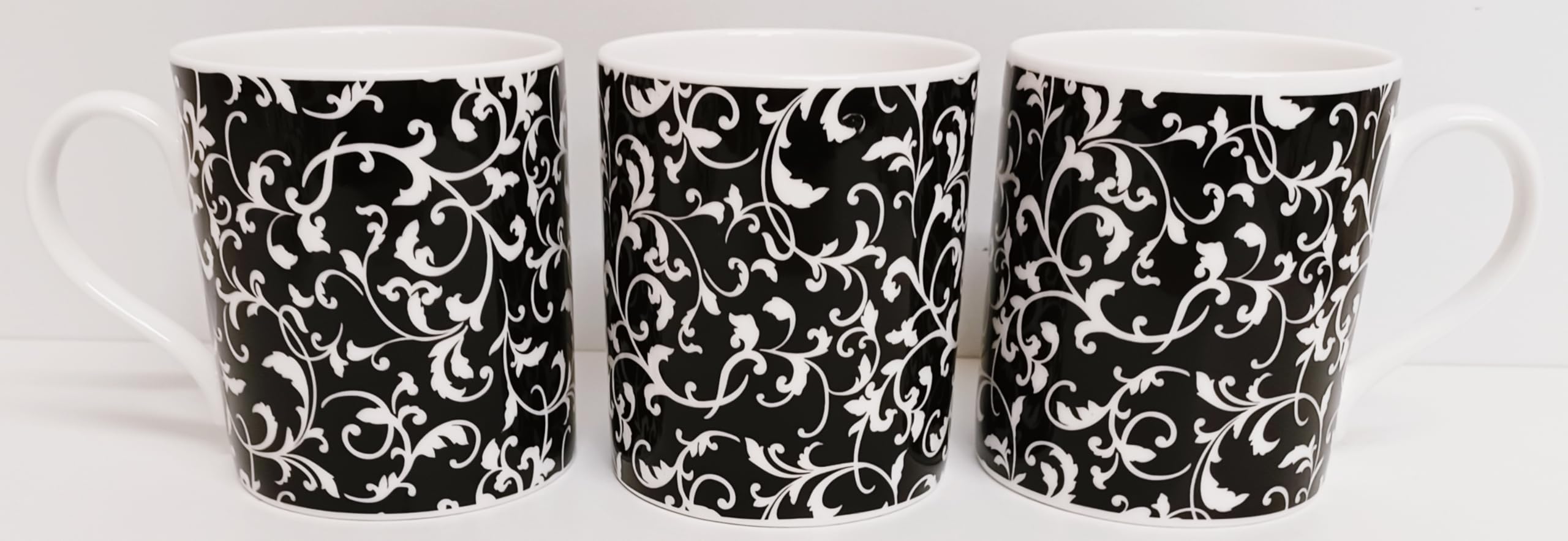 Weneckie czarno-białe kubki z porcelany kostnej duże balmoralne 414 ml 400 ml kubki wirowe i liście ręcznie dekorowane w Wielkiej Brytanii