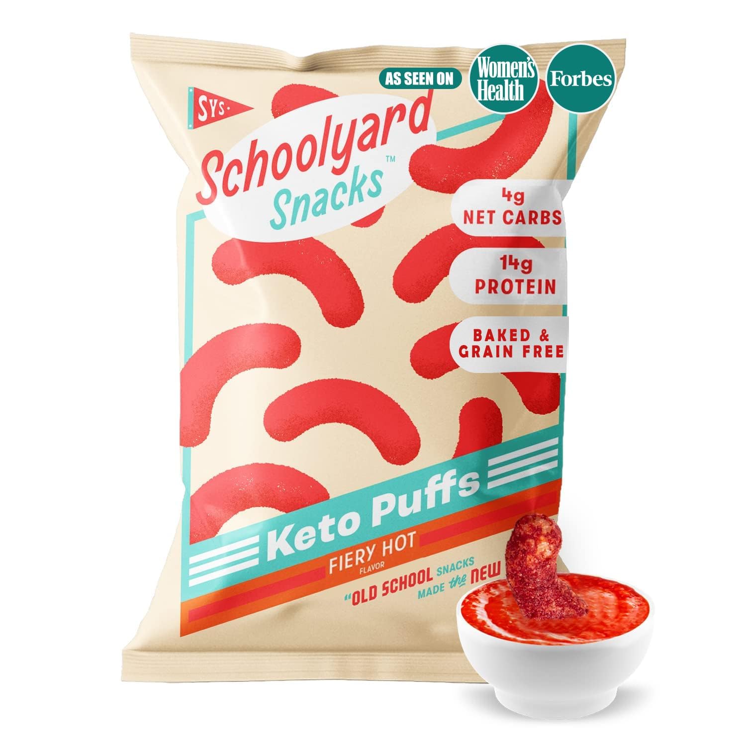 Schoolyard Snacks Keto Fiery Hot Cheese Puffs - High Protein - All Natural - Gluten & Grain-Free - Healthy Chips - Low Carb - Low Calorie Food - USA Made, 12 Pack Single Serve Bags - 100 Calories