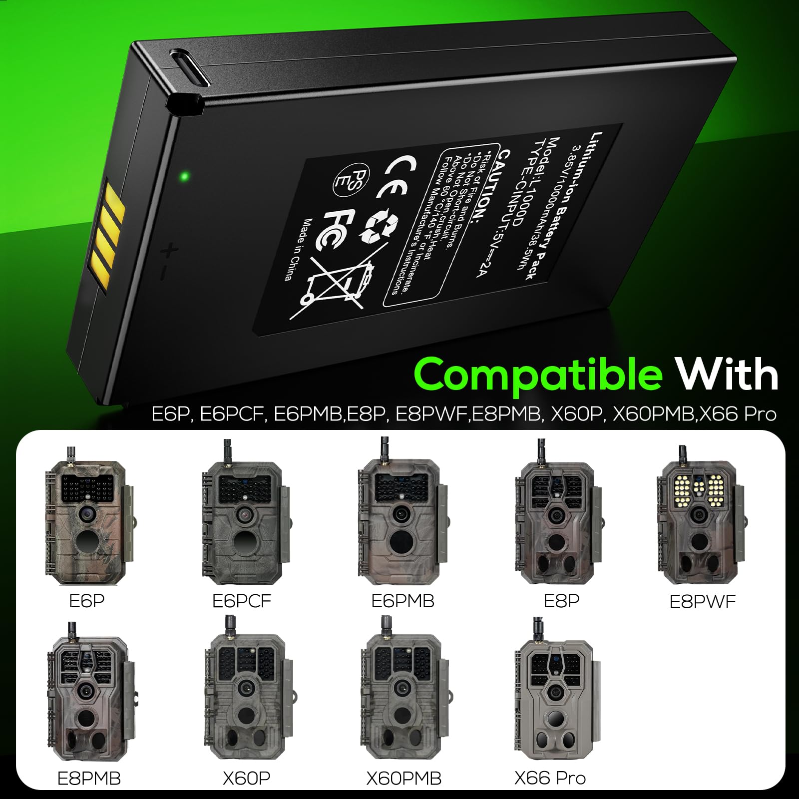 10Ah Batería Compatible con GardePro Modelos Cámara Vigilancia:E6P,E6PCF | 2 pack Batería compatible con GardePro E6PMB, E8P, E8PWF, E8PMB, X60P y X60PMB,Meidase P200P,P300 Pro,S970 Pro Cámara