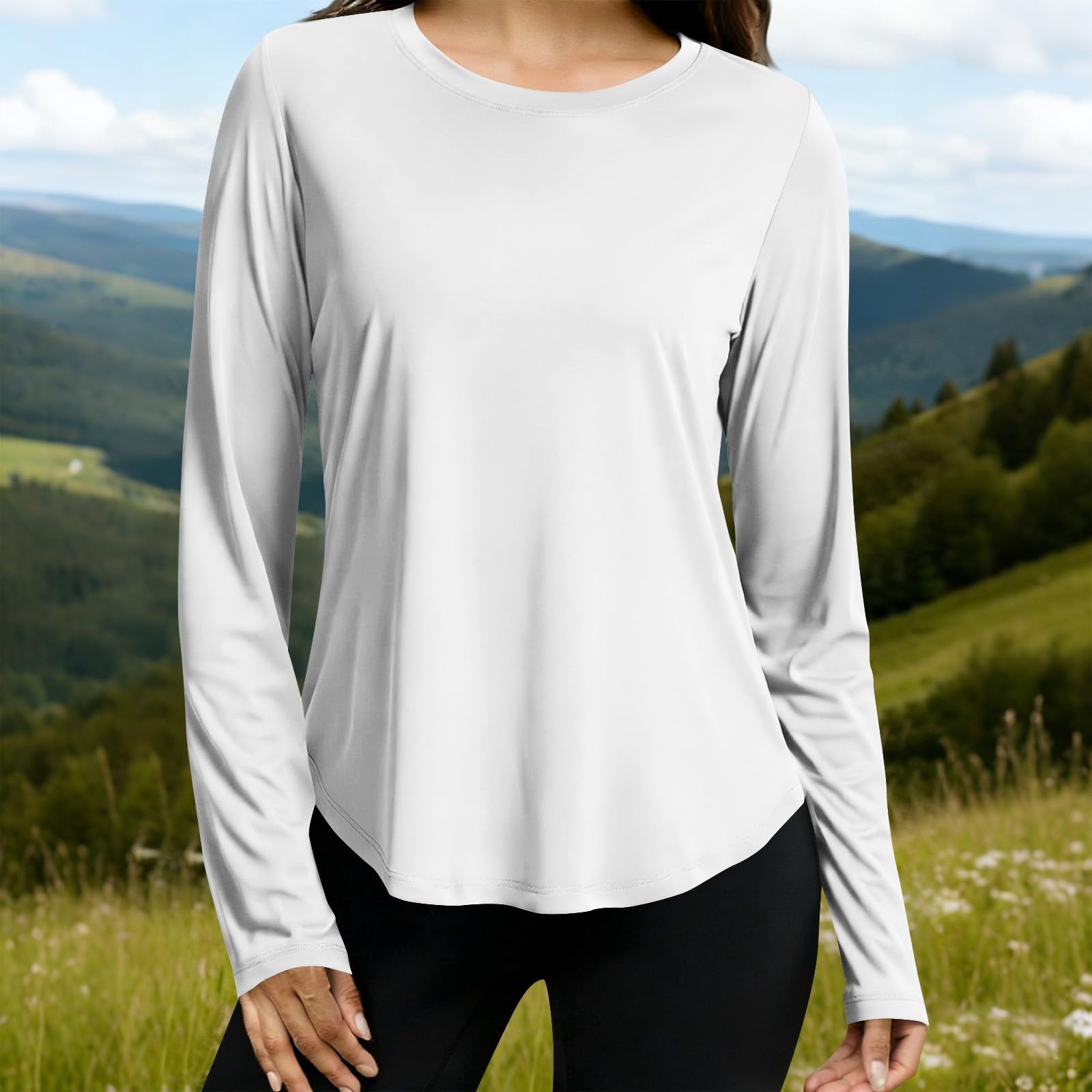 Sportshirt für Damen, langärmelig, schnelltrocknend, atmungsaktiv, Sonnenschutz, Fitness, Fitnessstudio, Workout, Performance-T-Shirt, leicht, Rundhalsausschnitt, einfarbig, Wandern, Yoga, Outdoor