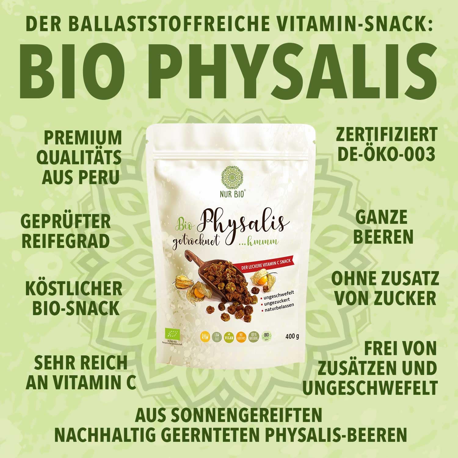 NUR BIO Physalis Beeren getrocknet 400 g, sonnengereifte Bio Andenbeeren, Inka Beere, ungeschwefelte, ungezuckert Superfood aus Peru