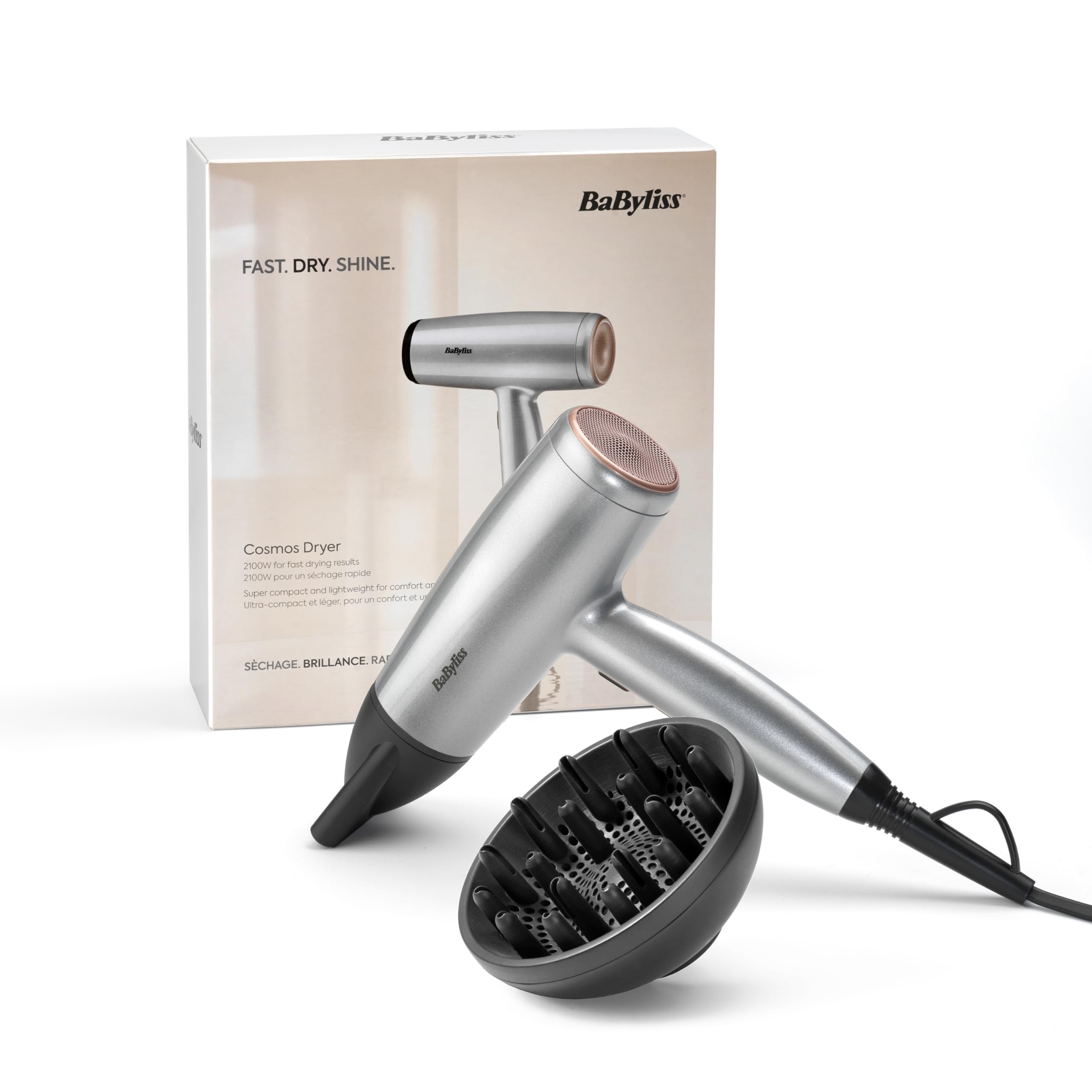 BaByliss Sèche-Cheveux Cosmos avec Diffuseur, Léger – NOUVEAUTÉ 2025, Sèche-cheveux puissant et élégant de 2100W, Technologie ionique anti-frisottis, 3 températures & 2 vitesses, Argenté, D580DE