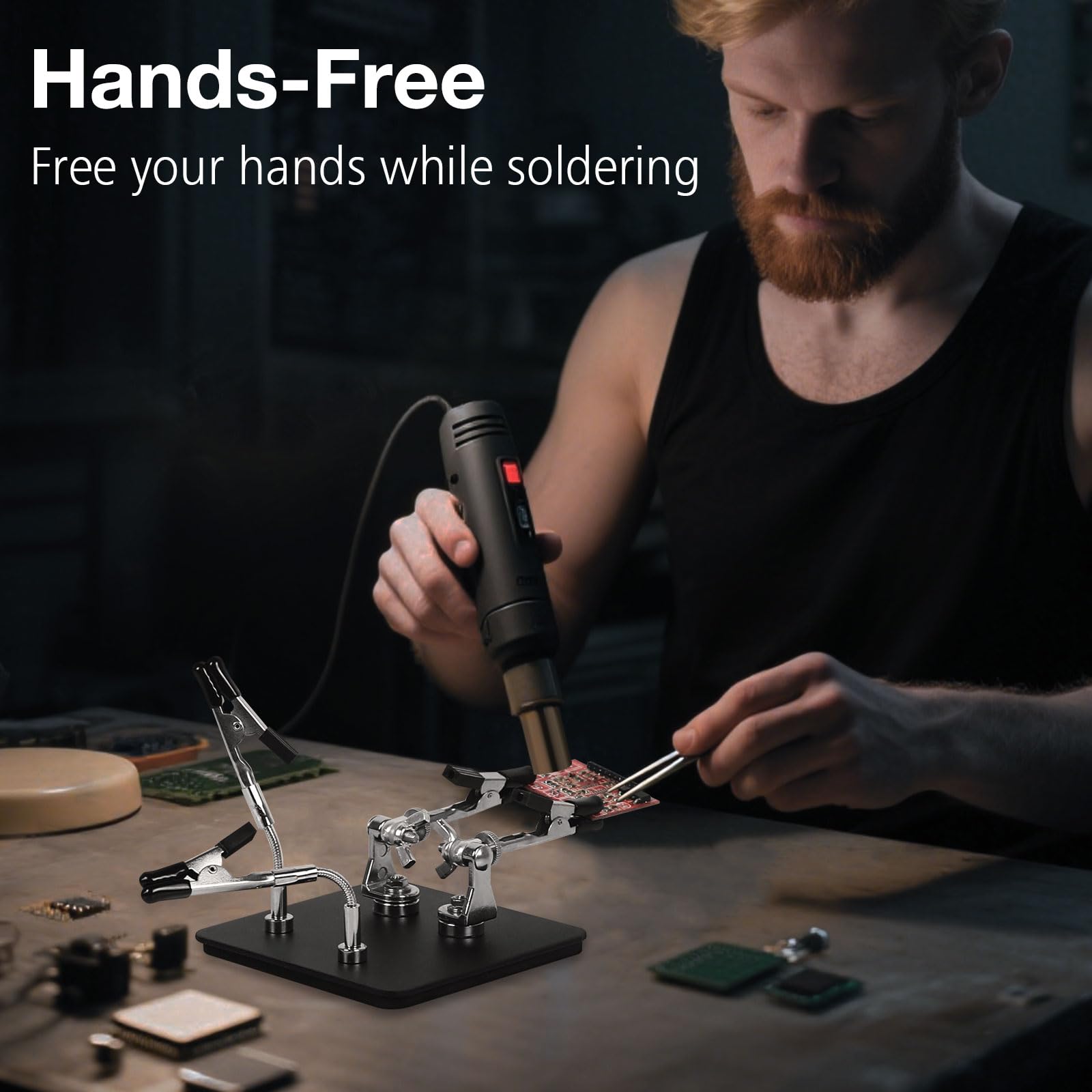 TOOLOUR Tercera Mano de Soldadura Compacta de 4 Brazos con Base Magnética, Soporte PCB Ajustable 360°, Helping Hands Portátil para Electrónica, Reparación de Automóviles y Montaje de Modelos