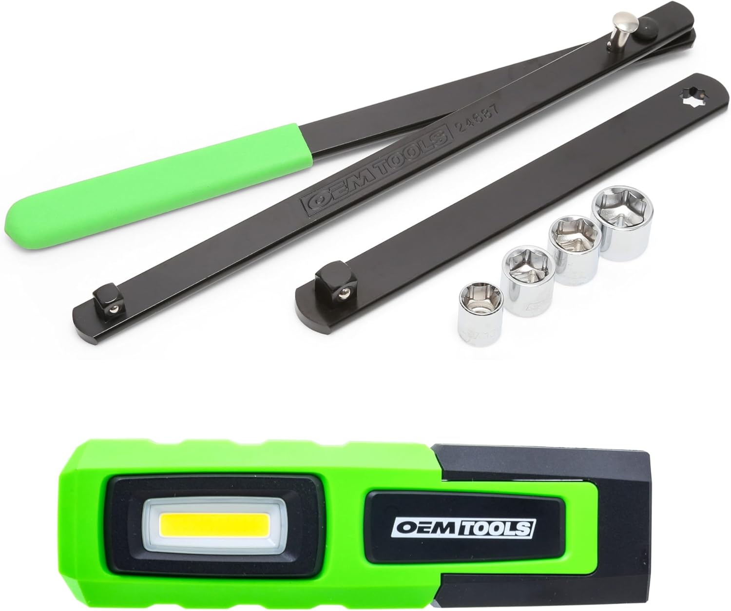 OEMTOOLS Serpentine Belt Tool Set, Includes 3/8 Drive Handle, 7" LED Work Light, 1/2 & 3/8 Square Drive Adapters, & 4 Shallow Sockets (13, 15, 16, & 18 mm), 600LM LED Flashlight
