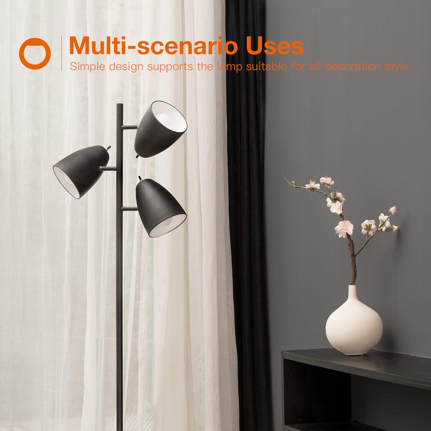 Big Sale addlon Tree Floor Lamp with 3 Adjustable Rotating Lights and Matching LED Bulbs, Standing Tall Pole Lamps for Living Room, Bedroom, Home, Office - UL Listed, Black