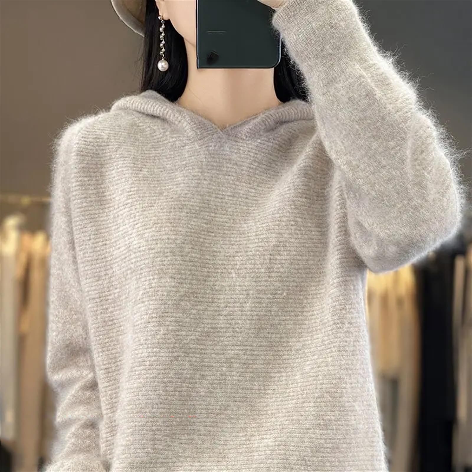 Maglione da donna lavorato a maglia con cappuccio in cashmere abbigliamento sportivo moda top femminile pullover maglione blu, Blu, L