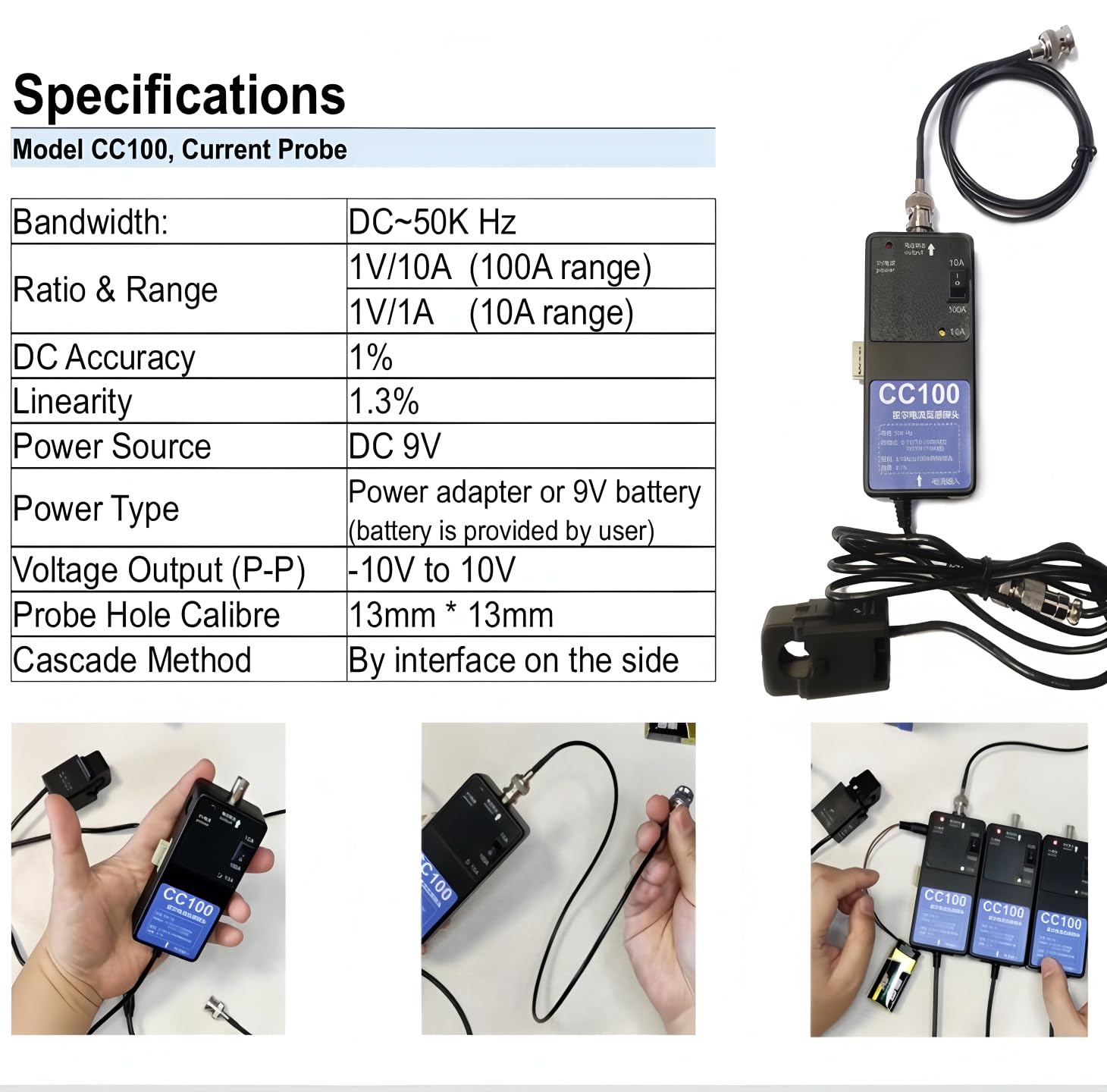 Oscilloscope Current Probe CC100 Current Probe for Oscilloscope Range 100A / 10A Bandwidth DC-50KHz BNC Interface