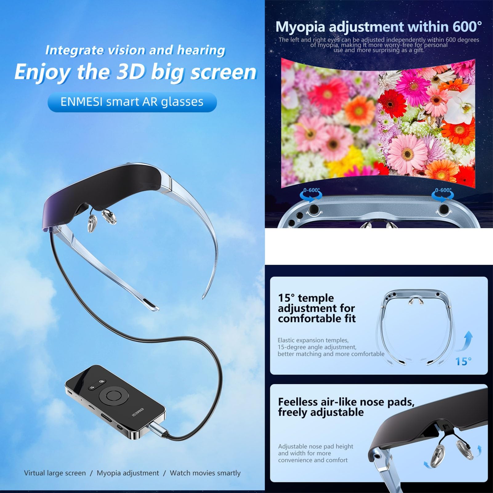 Smart Glass, Micro OLED 90Hz Plug & Play Occhiali AR con Display 3D, Occhiali Audio per Uomo E Donna con Nasello Regolabile