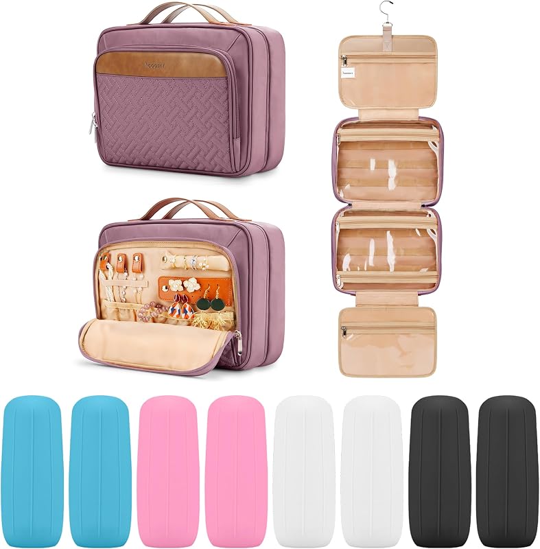 Necessaire suspensa de viagem COOSKY com organizador de joias, 8 capas de silicone para frascos, roxo-escuro
