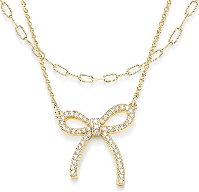 Poxtex Cute Gold Bow Necklace Stack, Diamond Bow Statement Pendant Chunky Trendy Dainty Small Tiny Bow Simple Choker Chain Jewelry Set Gift