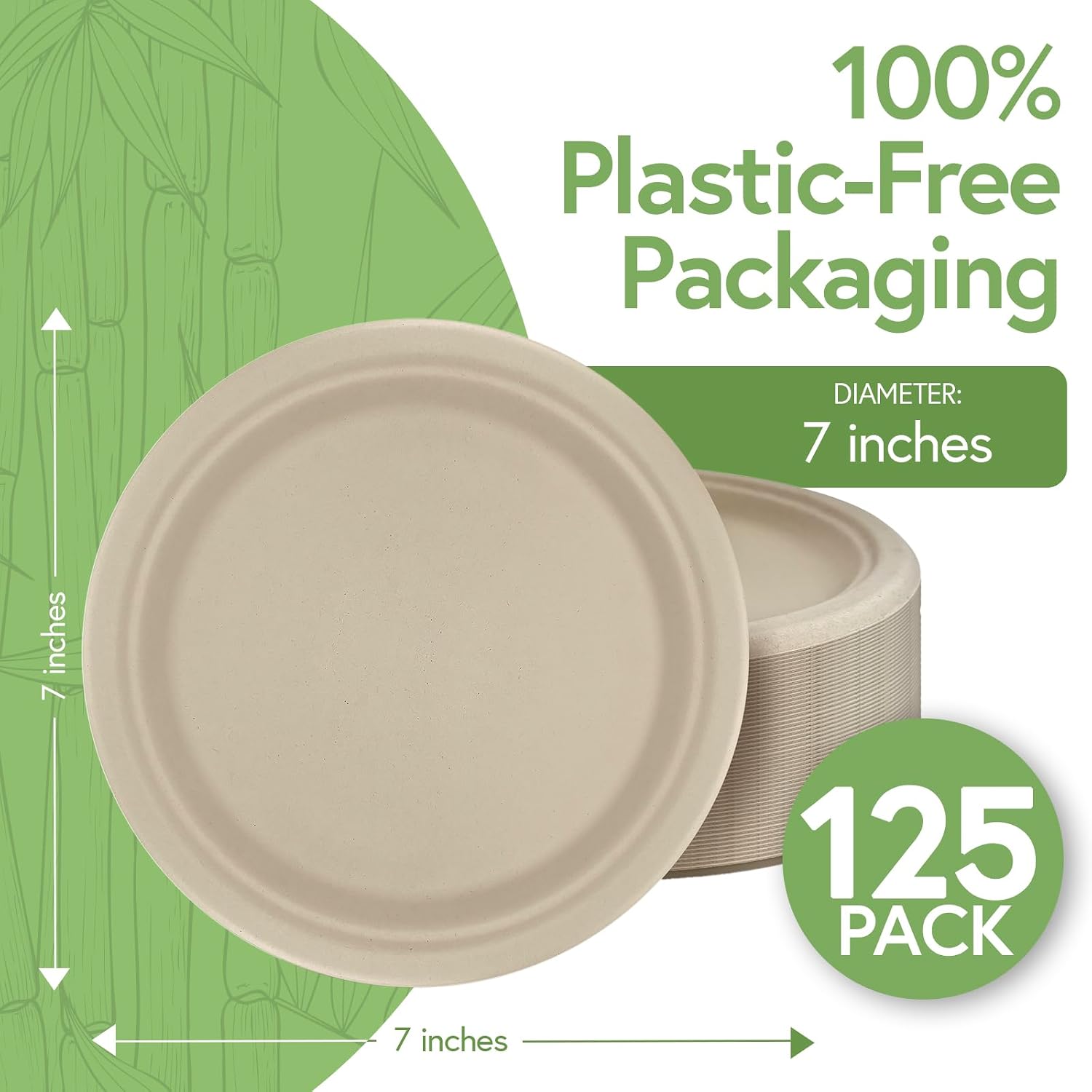 Jenvita Bamboo Small Compostable Plates (125-Pack, 7-inch) | Sturdy & Microwave Safe | Bamboo Disposable Plates | PFAS Free, Biodegradable | FSC Certified Alternative to Plastic