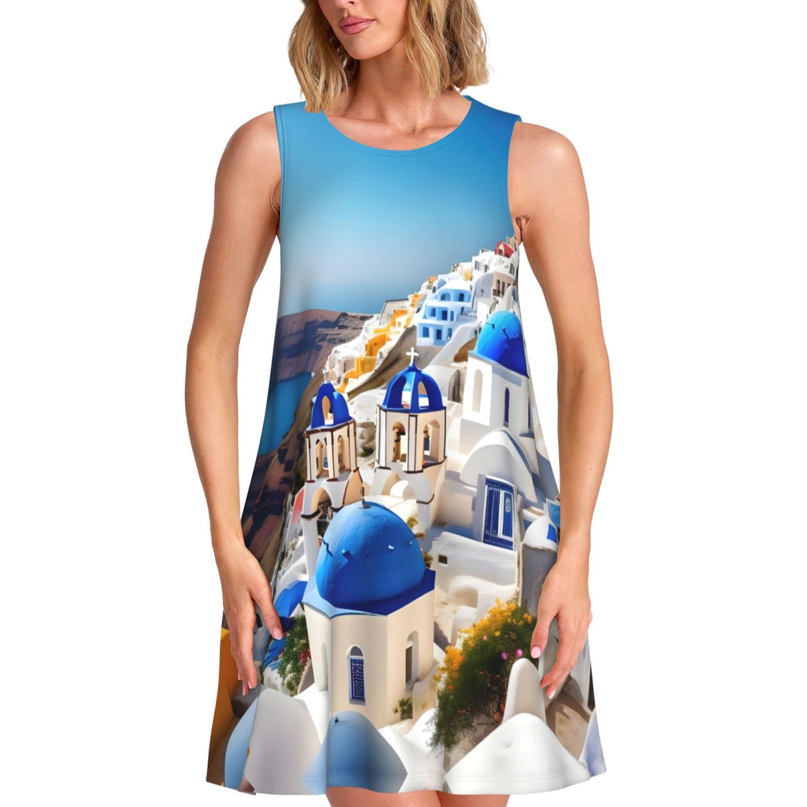 Nbtghga Santorini Greek Island Sea View Print Summer for Women Sleeveless Beach Dresses,Cute Crewneck Sleeveless Dress with Pockets Black