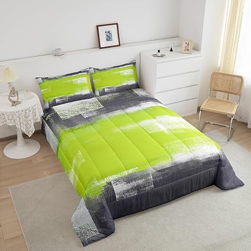 Miniatura 4 de Erosebridal Juego de edredón de color verde lima, tamaño King, acuarela degradada, negro y blanco, juego de edredón de teñido anudado abstracto