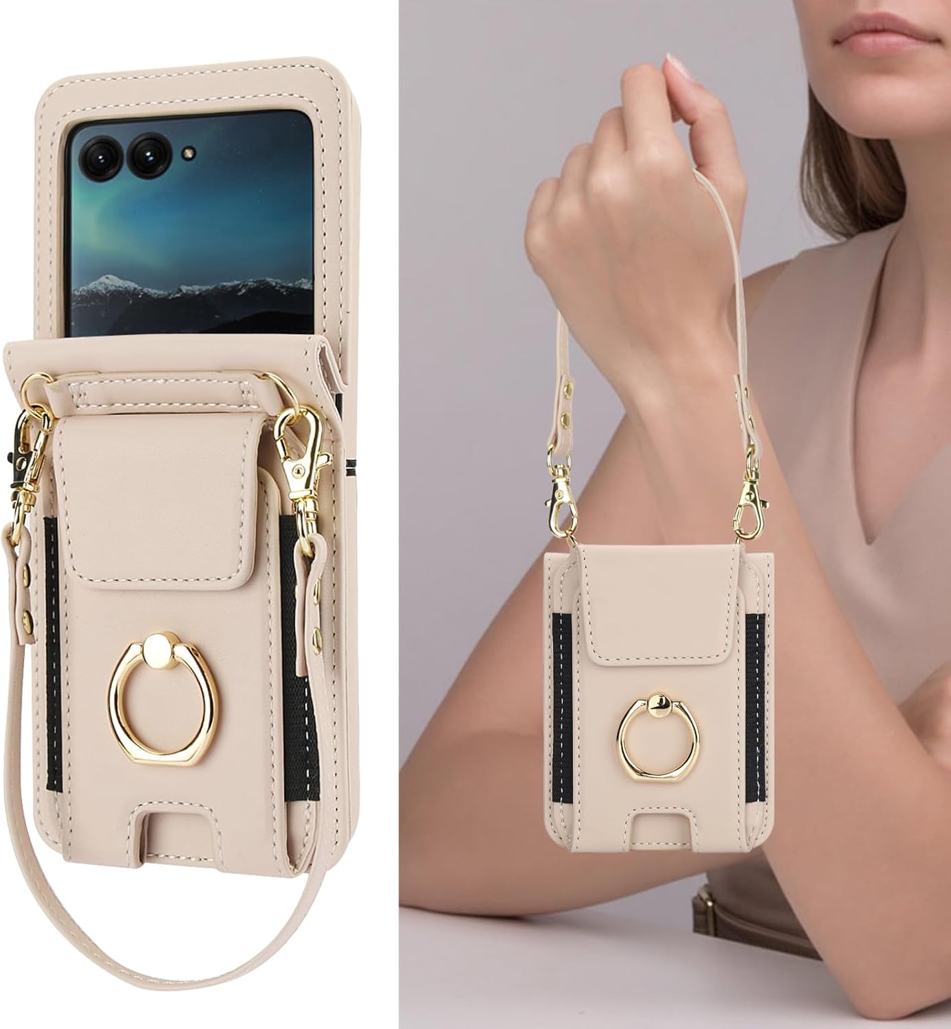 Asuwish Phone Case for Motorola Razr 2025/Moto Razr 60 Wallet Cover with Ring Crossbody Wrist Strap Lanyard Credit Card Holder Slot Cell Leather Purse Razr2025 5G 256GB Women Men Girls Beige