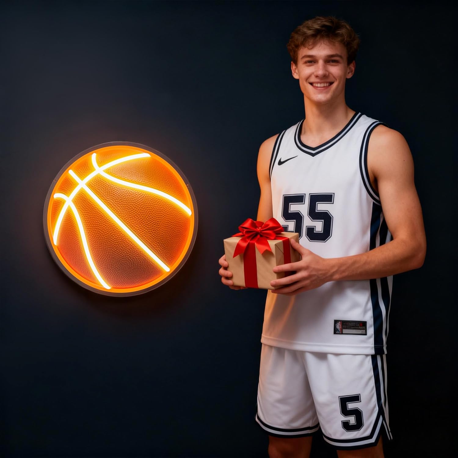 UV Printed Basketball Neon Sign Light Up Basketball Sports Neon Light Dimmable Led Basketball Gifts for Boys Fans Bedroom Man Cave Game Room for Wall Decor Aesthetic