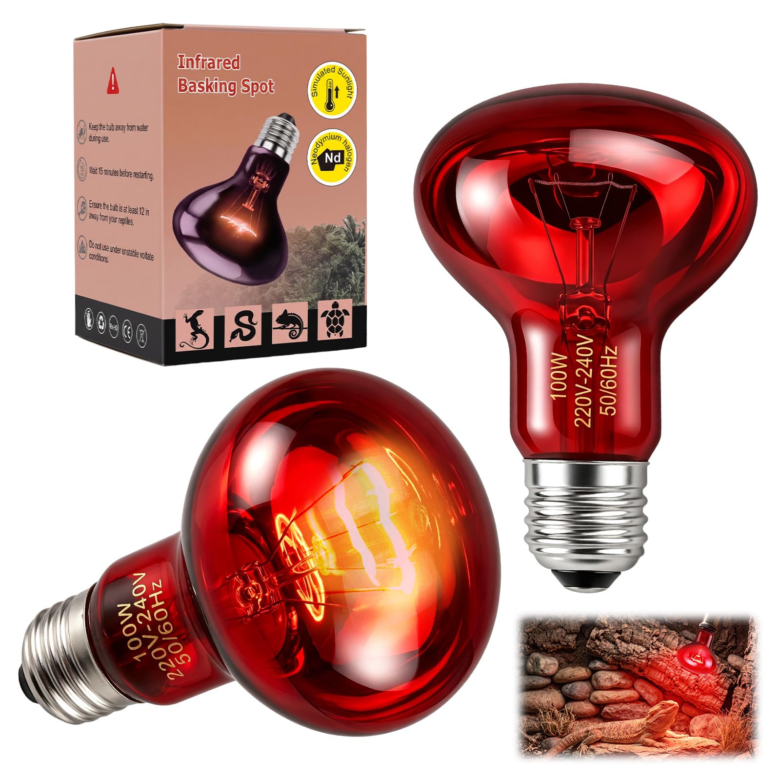 Wufaa 2PCS Infrared Reptile Heat Lamp Bulb, 100W E27 Basking Spot Red Light