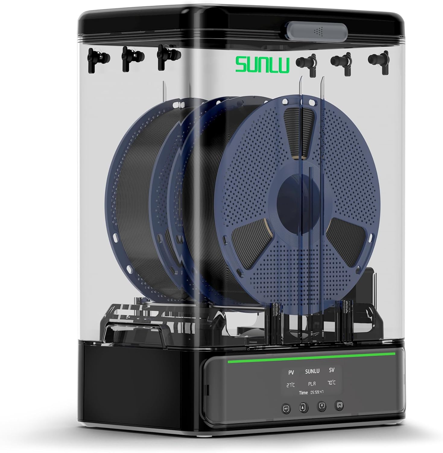 The SUNLU Filament Dryer SP2 with two spools of filament inside, ready for use.