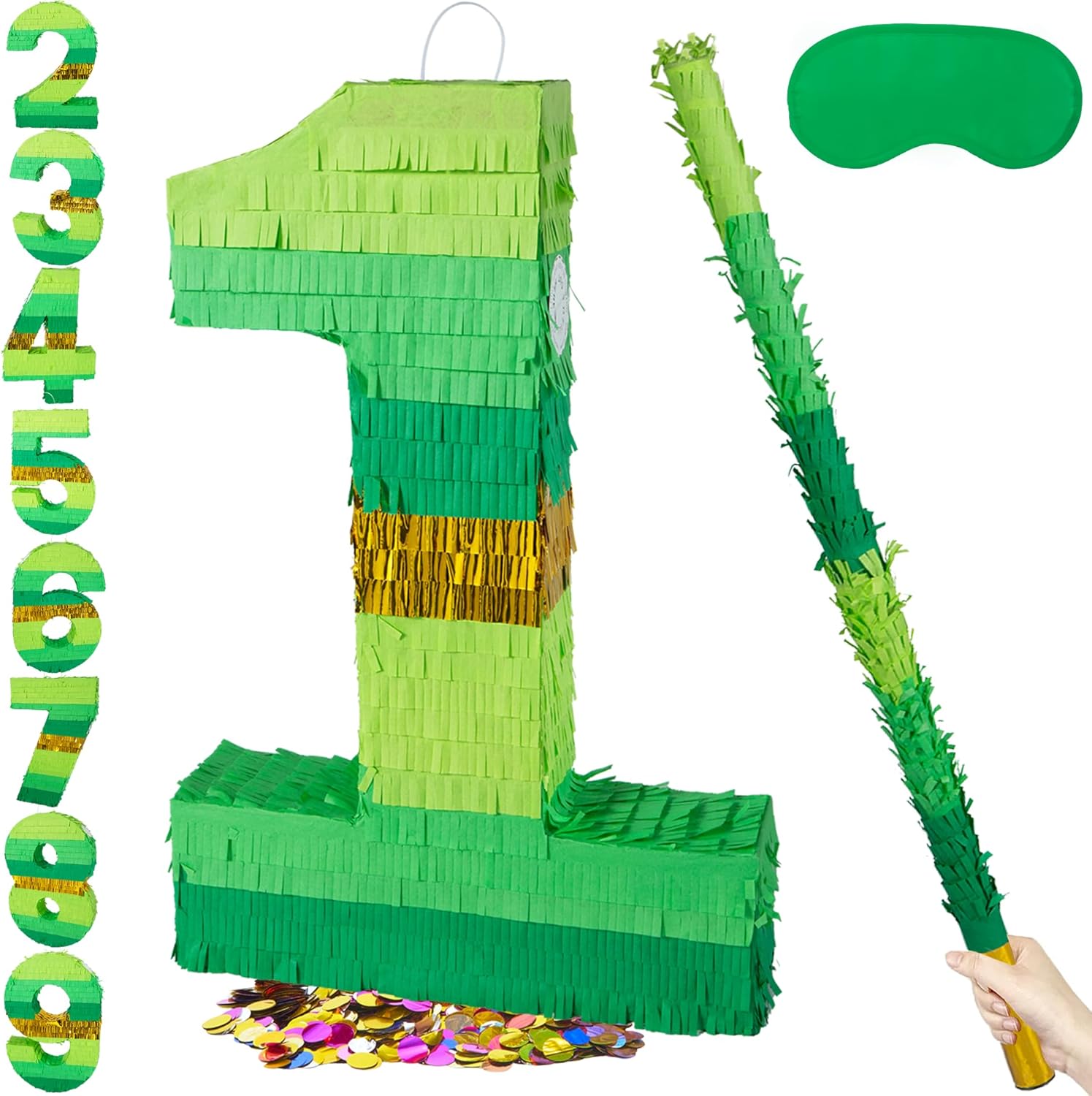 PCFING 20 Inch Number 1 Piñata Green Gold with 30 Inch Piñata Stick Blindfold Confetti for Boy Girl Adults Birthday Party Decorations, Anniversary Celebration, Fiesta