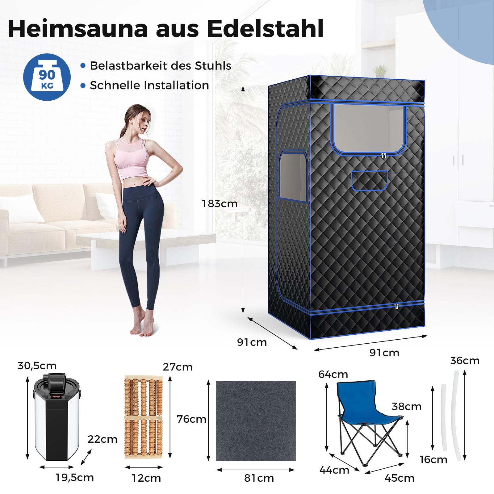 COSTWAY Dampfsauna Heimsauna für Zuhause, Ganzkörpersaunabox mit Dampfgenerator, Fernbedienung, Fußmassagegerät & Klappstuhl, tragbare Saunazelt